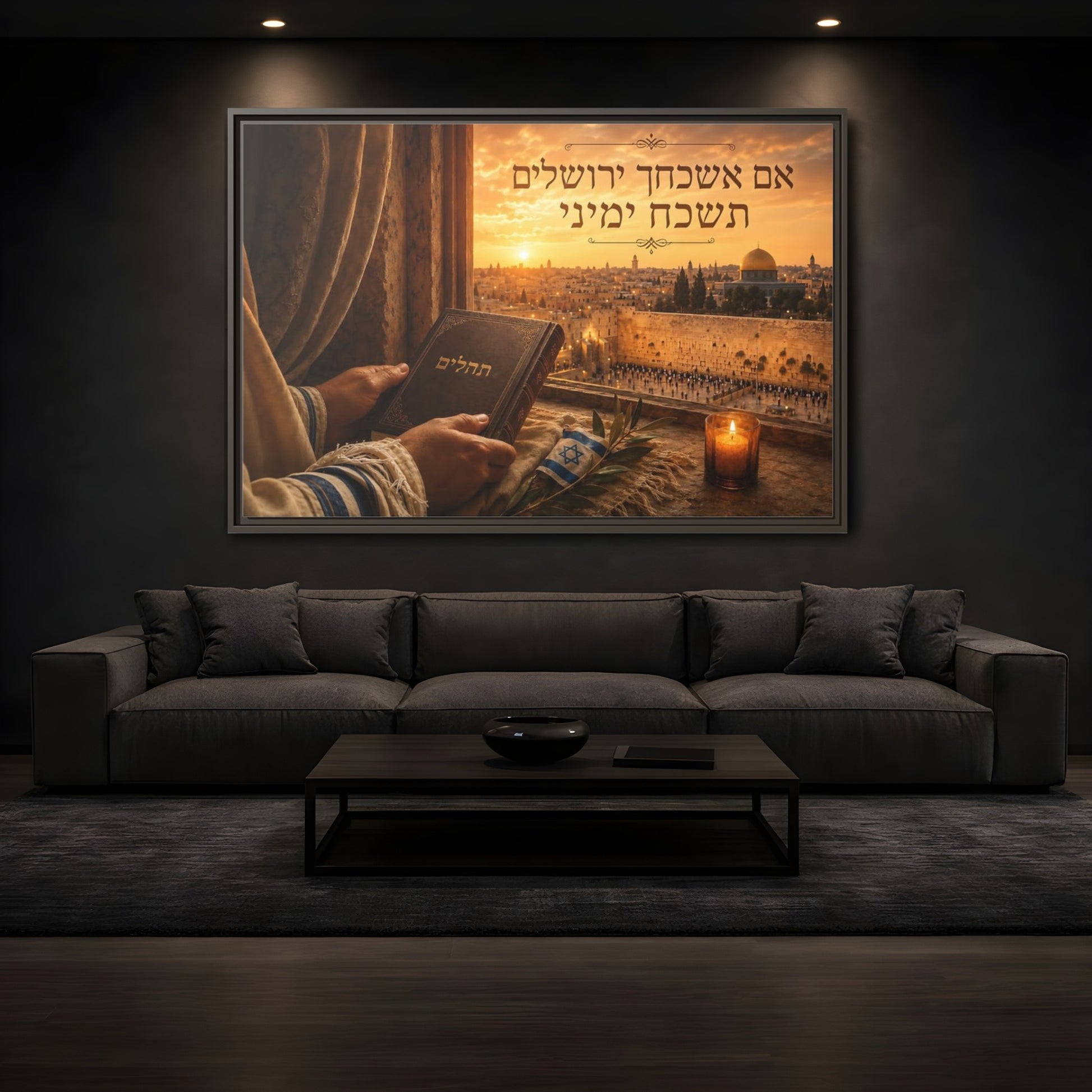 Mockup 3. Religious Jerusalem Prayer Jerusalem Sunset shown as framed canvas print
