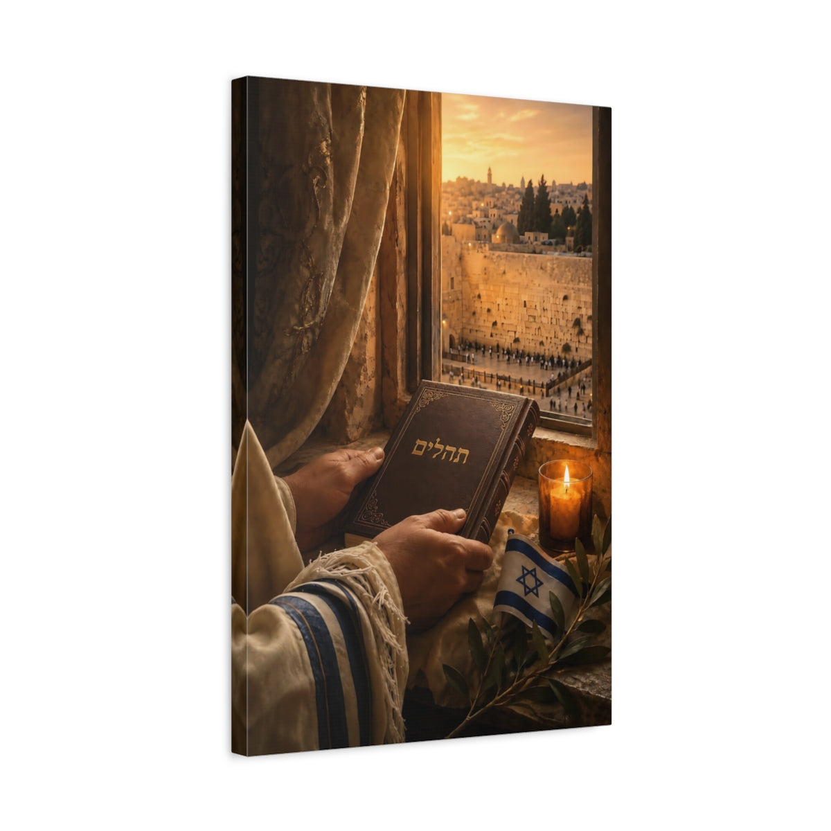 Side Mockup 3. Religious Jewish Prayer Golden Jerusalem shown as canvas print