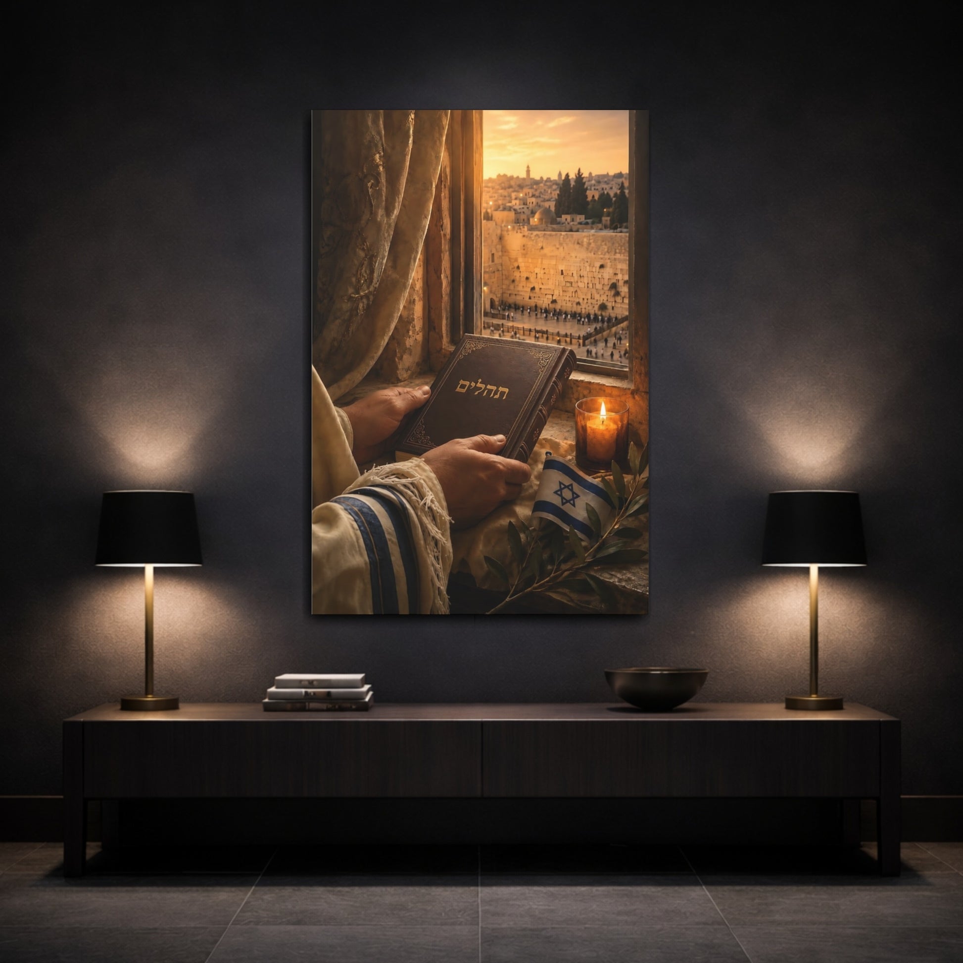 Mockup 3. Religious Jewish Prayer Golden Jerusalem shown as canvas print