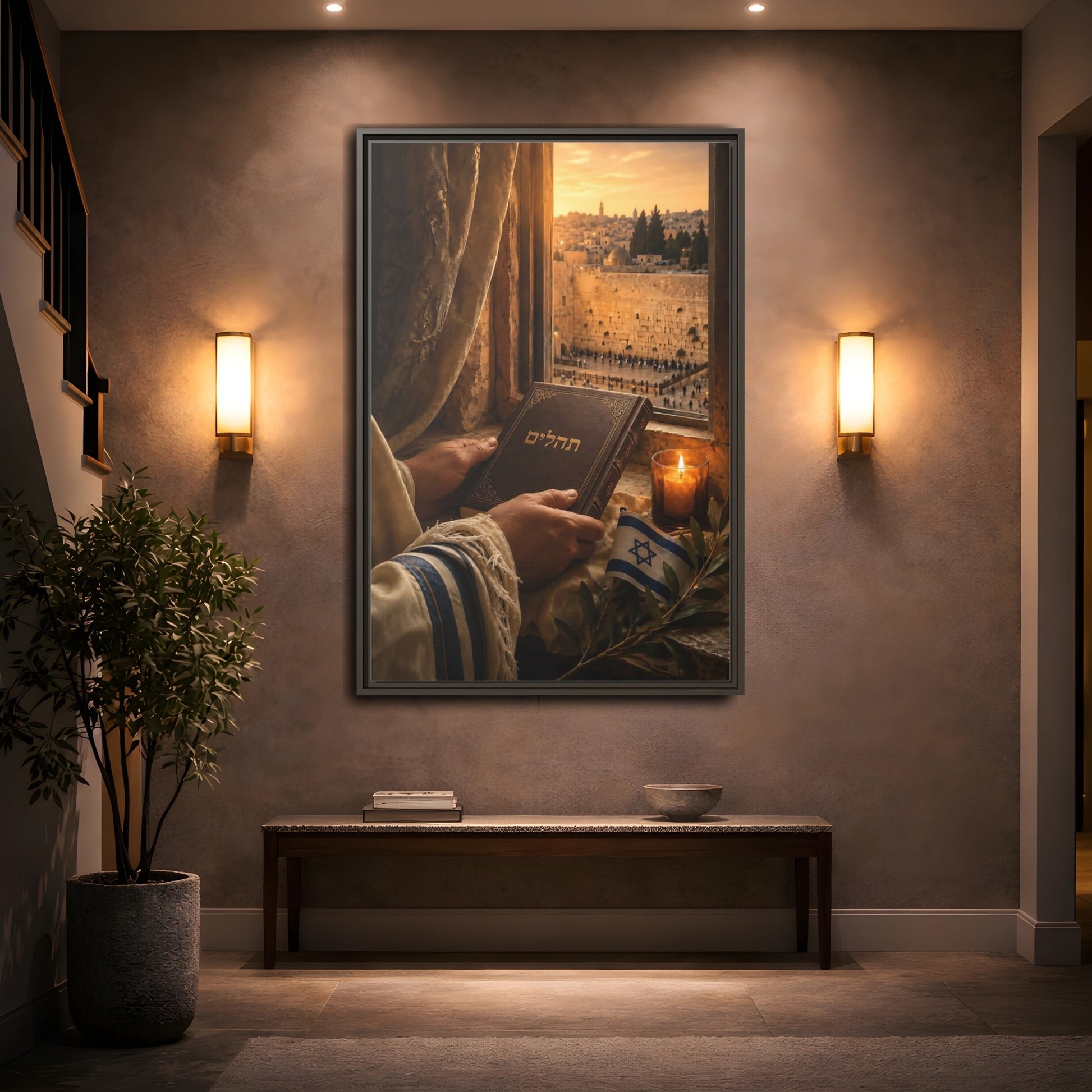 Mockup 2. Religious Jewish Prayer Jerusalem Prayer shown as framed canvas print