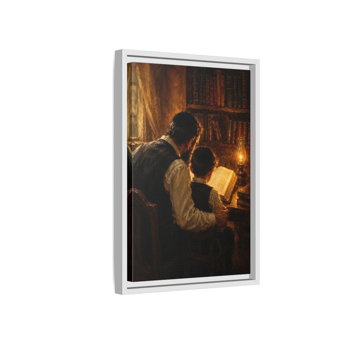 Side Mockup 4. Religious Jewish Scholars Brown And Gold shown as framed canvas print