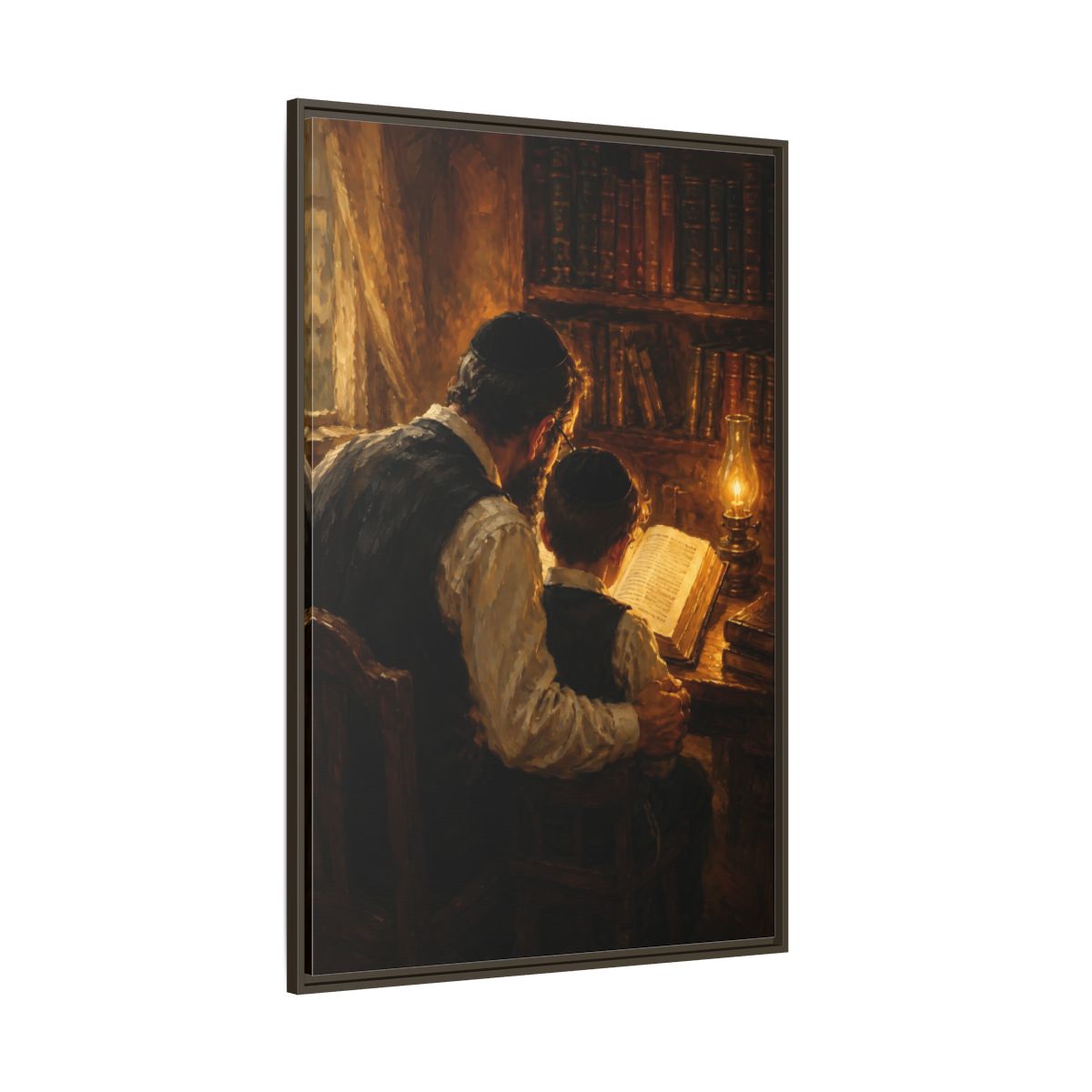 Side Mockup 8. Religious Jewish Scholars Brown And Gold shown as framed canvas print