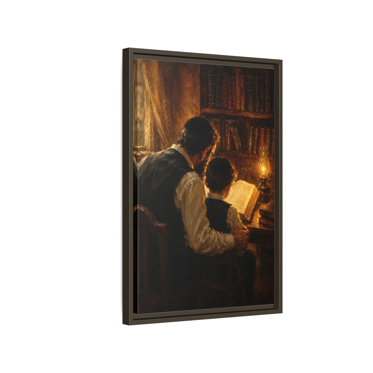 Side Mockup 2. Religious Jewish Scholars Brown And Gold shown as framed canvas print