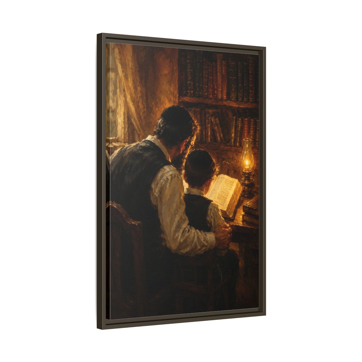 Side Mockup 11. Religious Jewish Scholars Brown And Gold shown as framed canvas print
