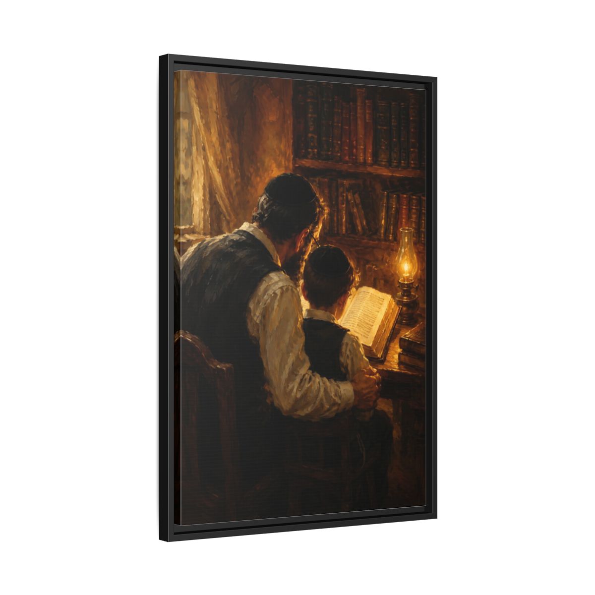 Side Mockup 14. Religious Jewish Scholars Brown And Gold shown as framed canvas print