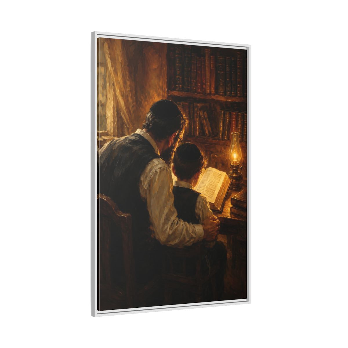 Side Mockup 7. Religious Jewish Scholars Brown And Gold shown as framed canvas print