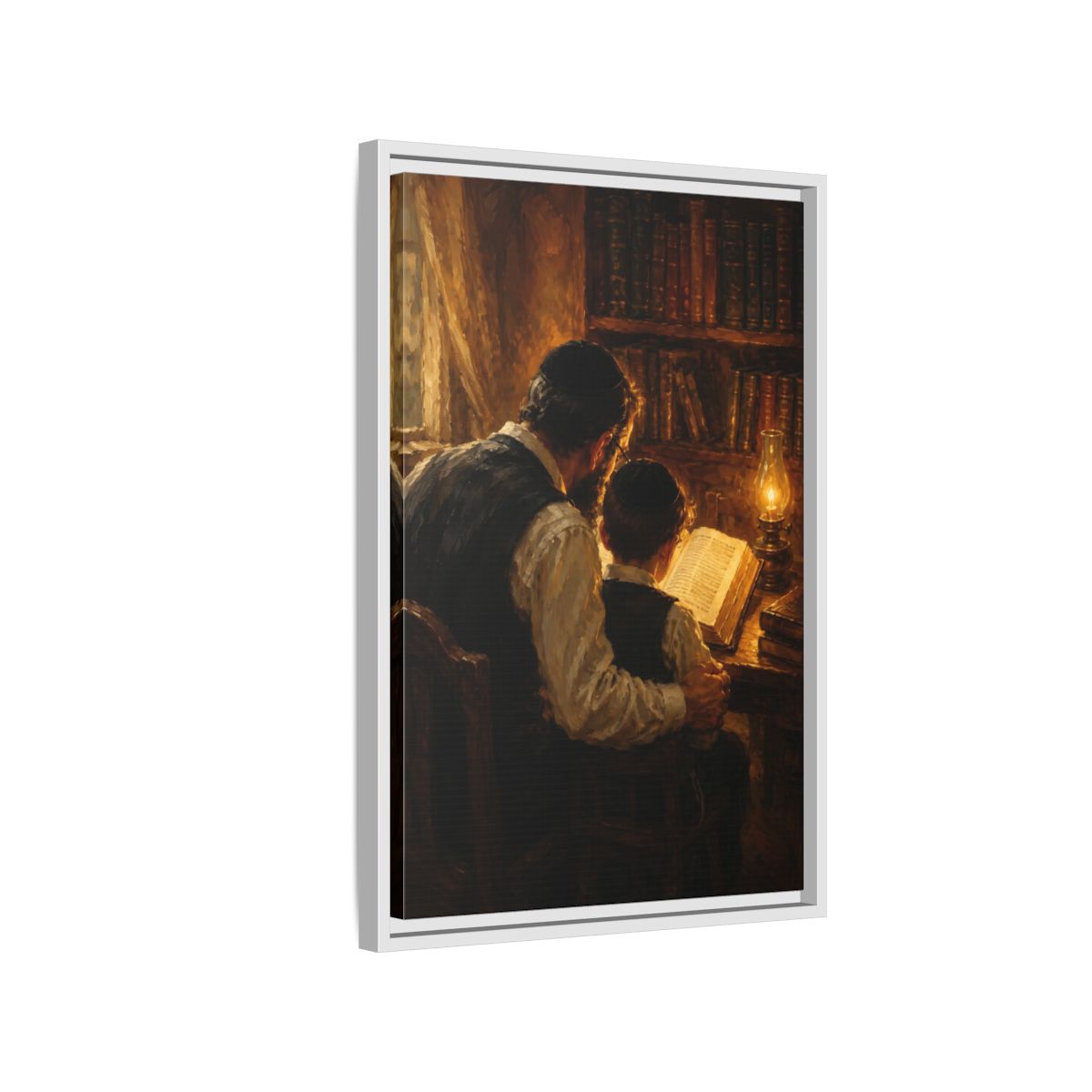 Side Mockup 1. Religious Jewish Scholars Brown And Gold shown as framed canvas print