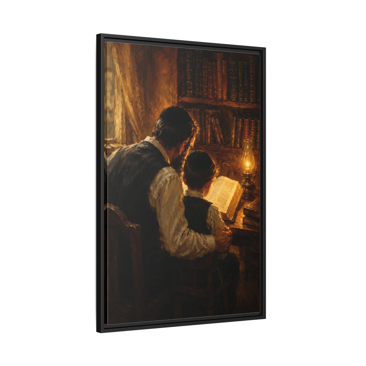 Side Mockup 13. Religious Jewish Scholars Brown And Gold shown as framed canvas print
