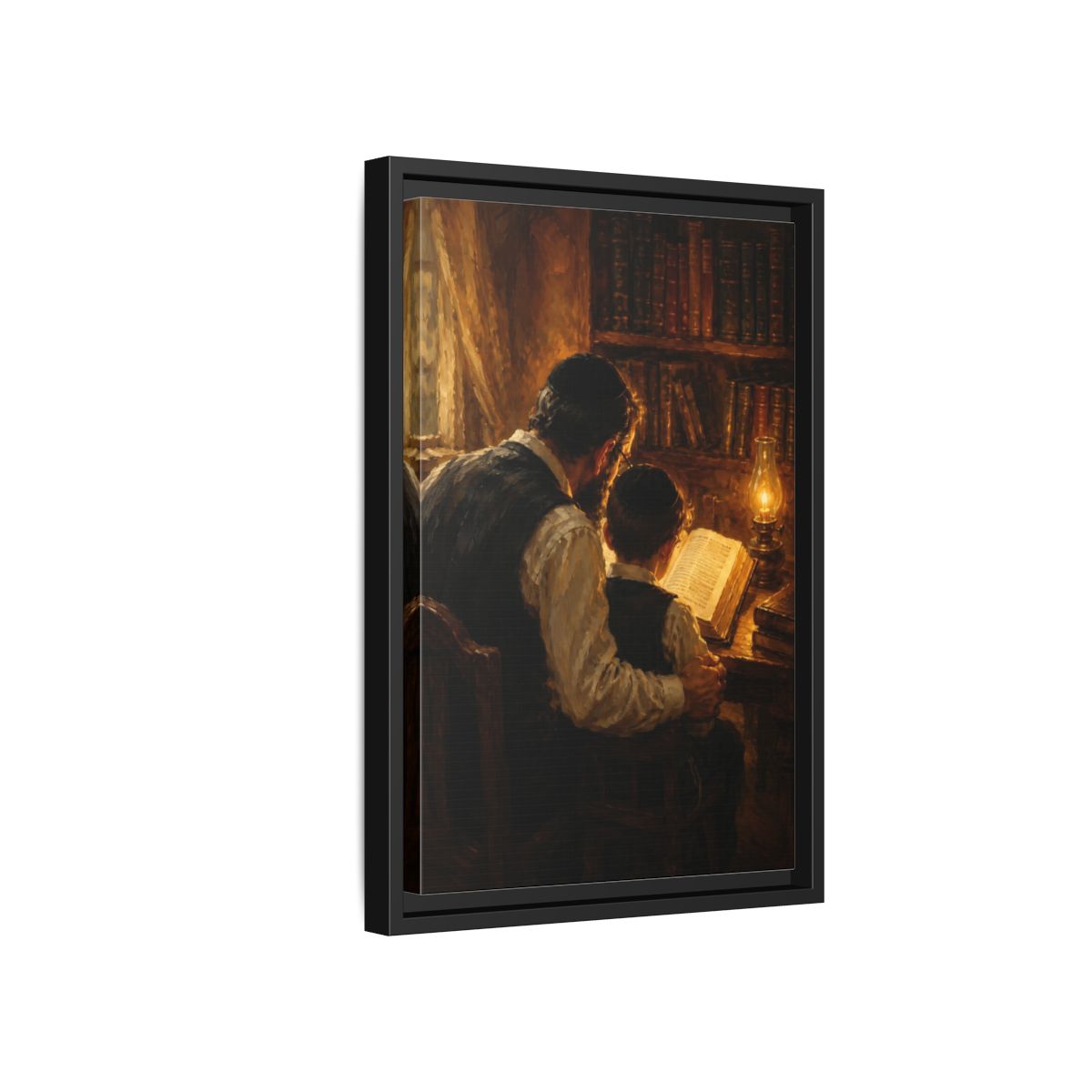 Side Mockup 6. Religious Jewish Scholars Brown And Gold shown as framed canvas print
