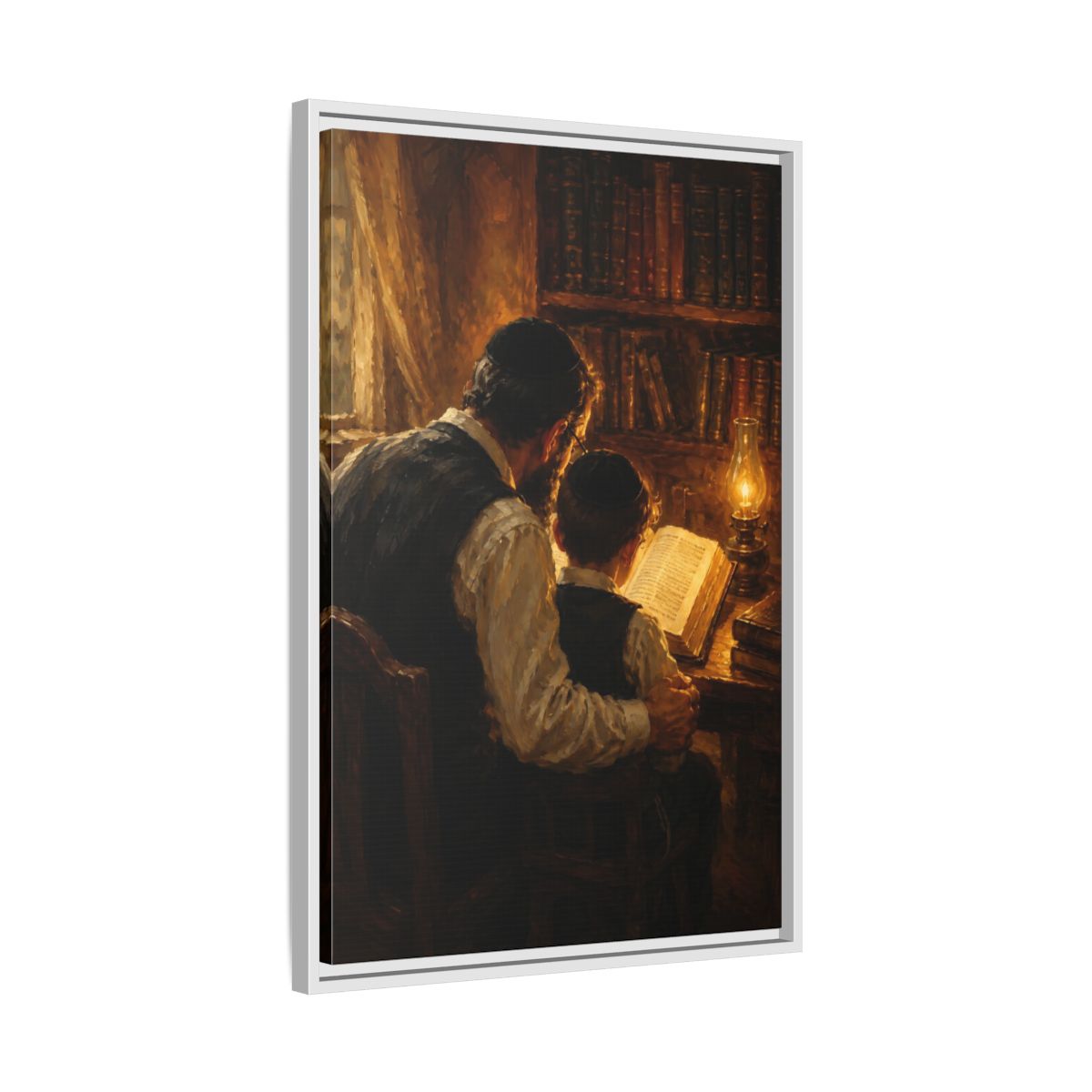 Side Mockup 10. Religious Jewish Scholars Brown And Gold shown as framed canvas print