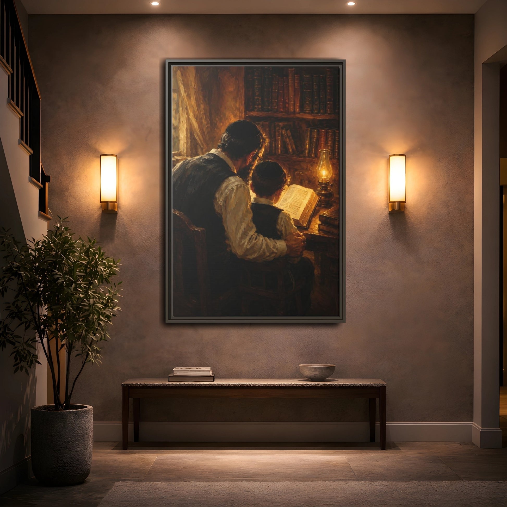 Mockup 2. Religious Jewish Scholars Brown And Gold shown as framed canvas print
