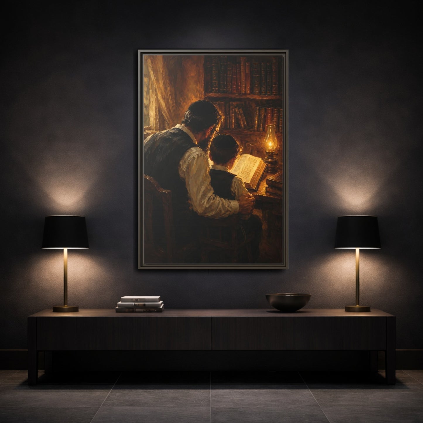 Mockup 3. Religious Jewish Scholars Brown And Gold shown as framed canvas print