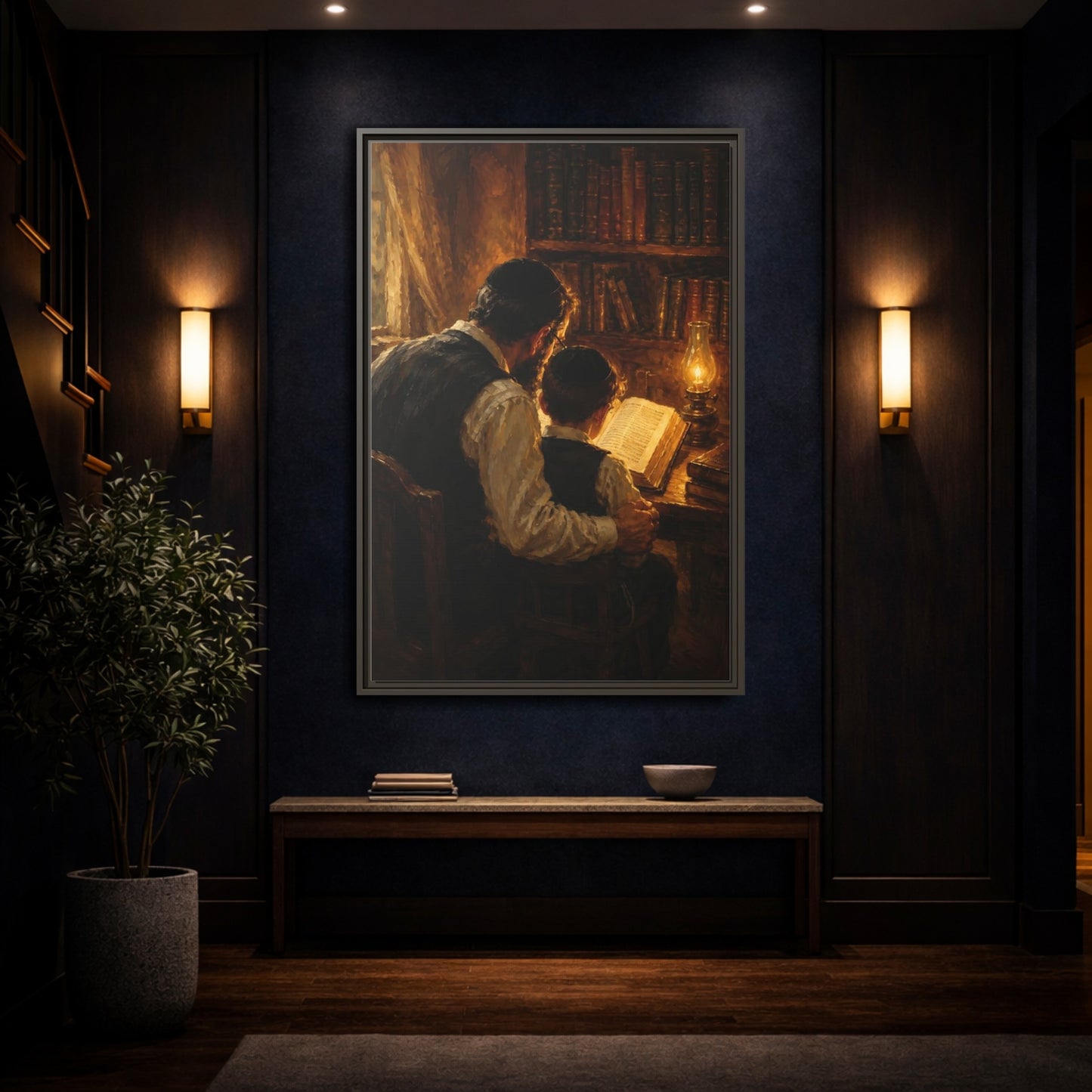 Mockup 4. Religious Jewish Scholars Brown And Gold shown as framed canvas print