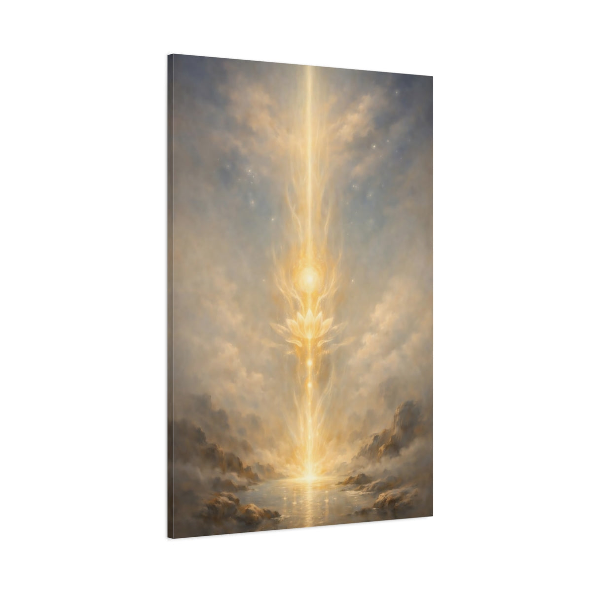 Main Mockup. Religious Lotus Golden Glow shown as stretched canvas wall art