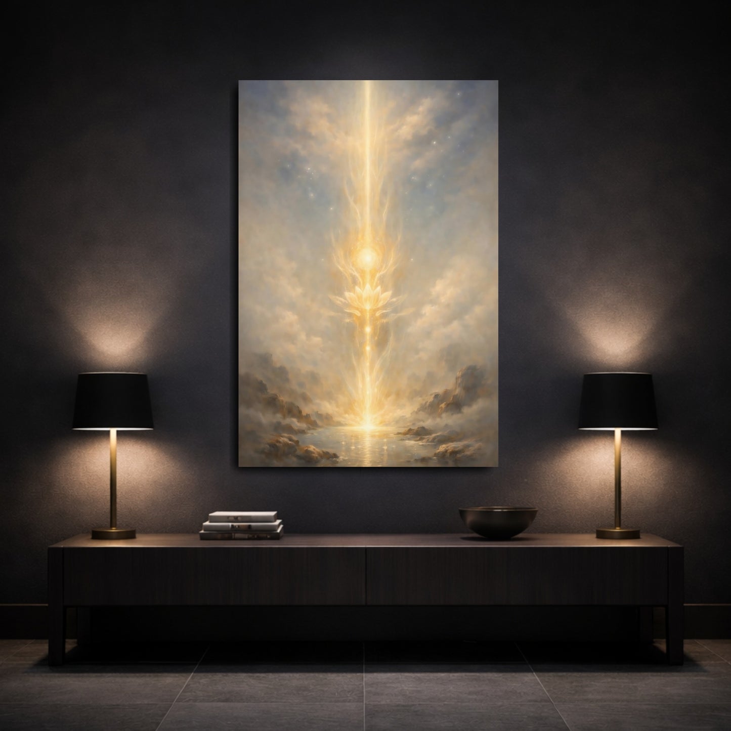 Mockup 2. Religious Lotus Golden Glow shown as stretched canvas wall art