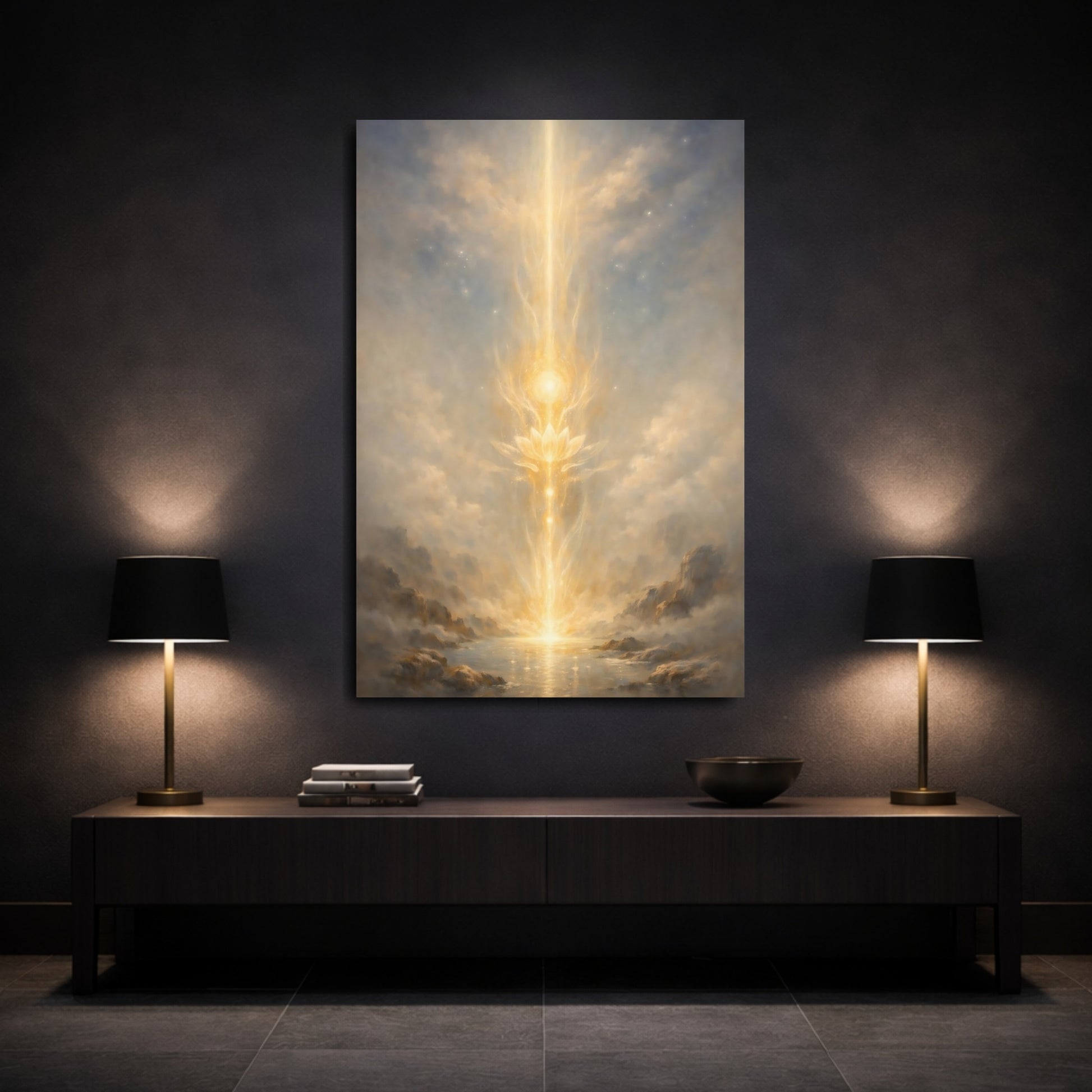 Mockup 2. Religious Lotus Golden Glow shown as stretched canvas wall art