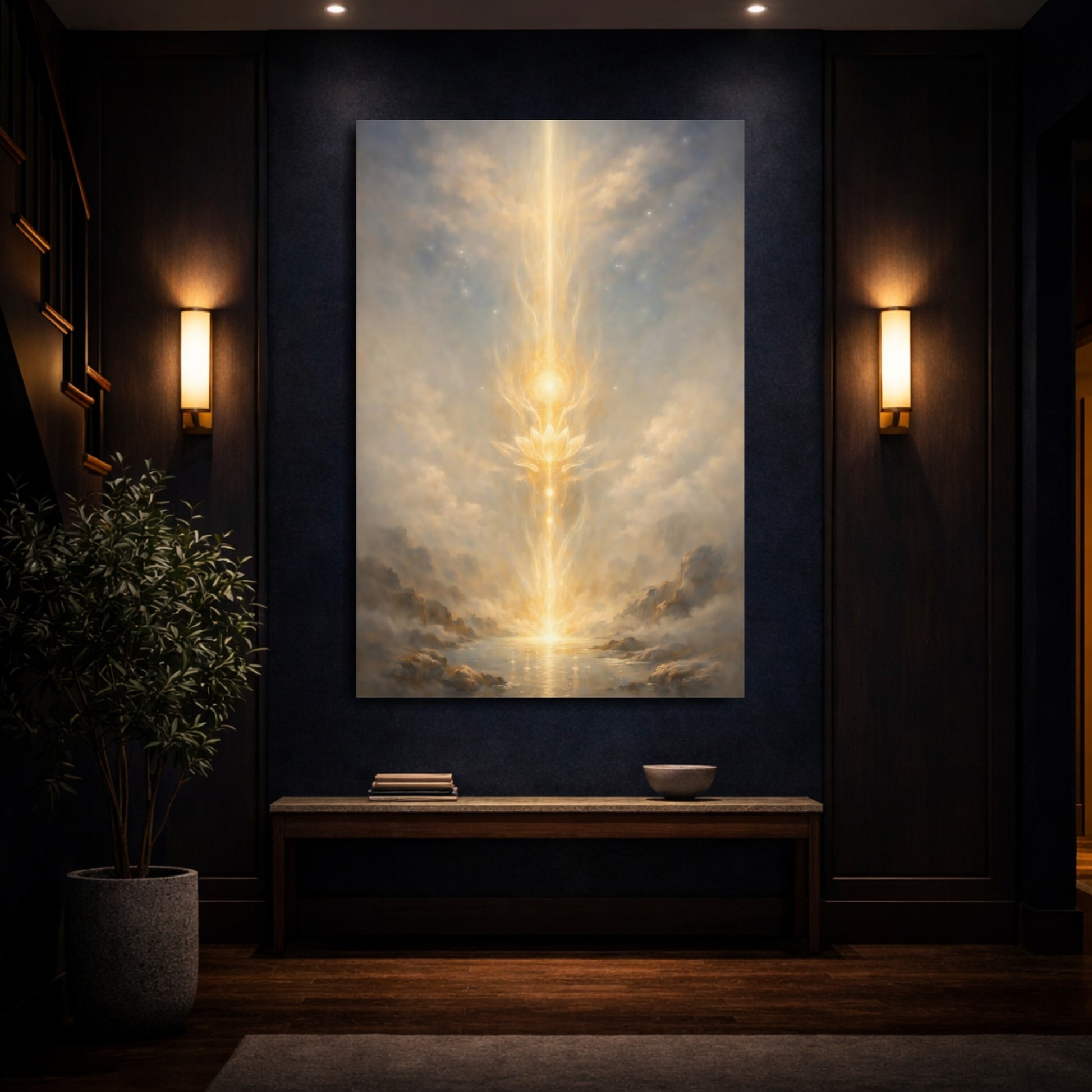 Mockup 3. Religious Lotus Golden Glow shown as stretched canvas wall art
