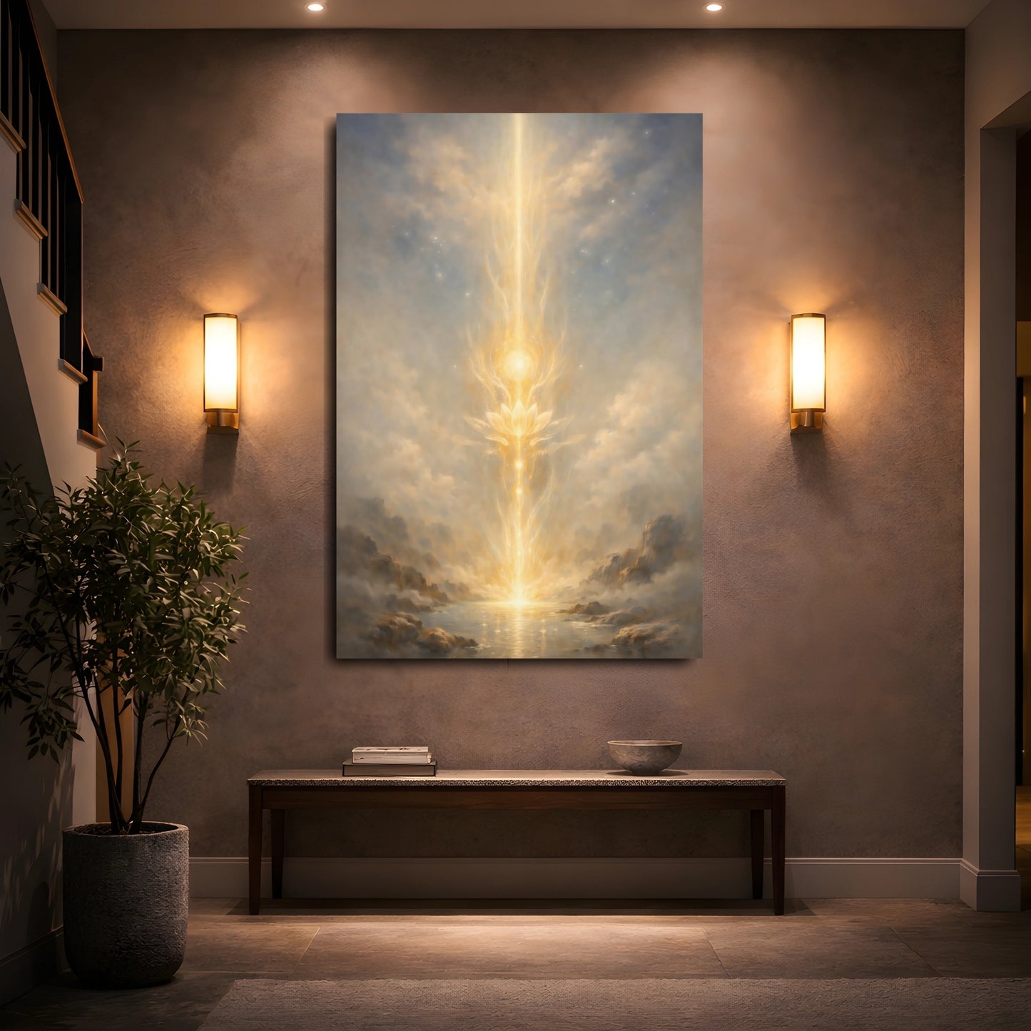 Mockup 4. Religious Lotus Golden Glow shown as stretched canvas wall art