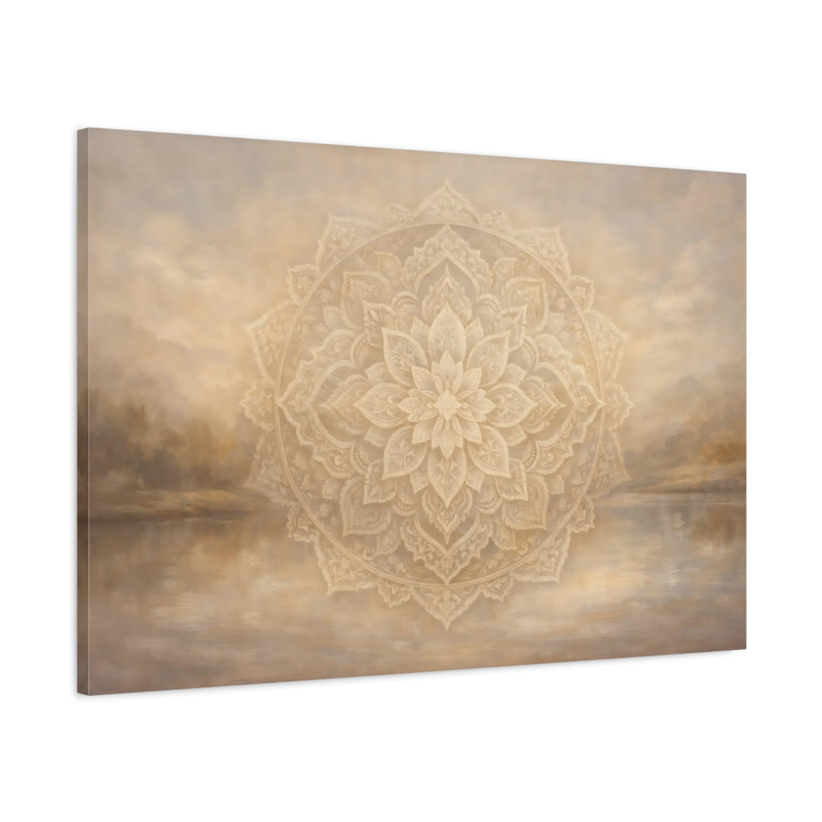 Side Mockup 1. Religious Mandala Beige Mandala shown as stretched canvas wall art
