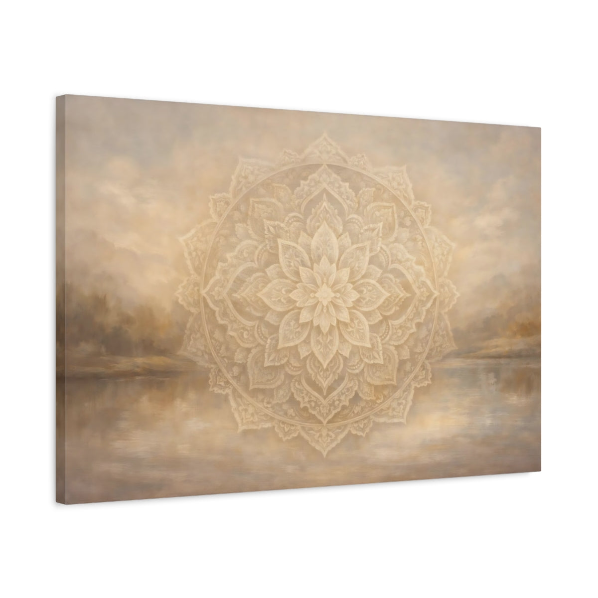 Side Mockup 2. Religious Mandala Beige Mandala shown as stretched canvas wall art