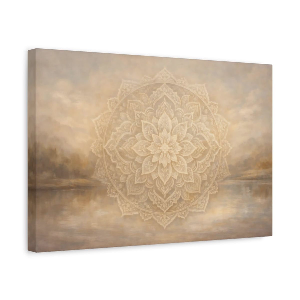 Side Mockup 4. Religious Mandala Beige Mandala shown as stretched canvas wall art