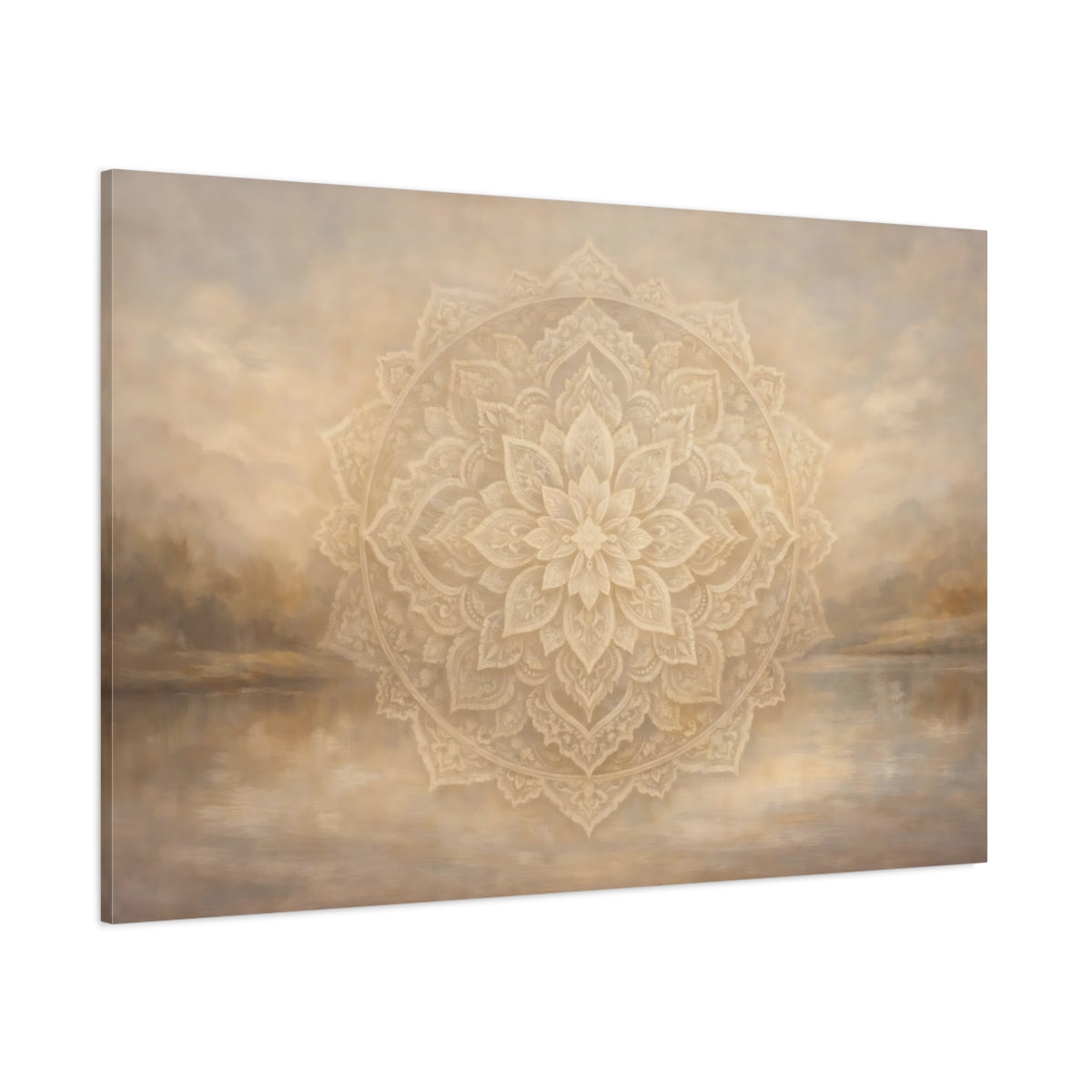 Main Mockup. Religious Mandala Beige Mandala shown as stretched canvas wall art