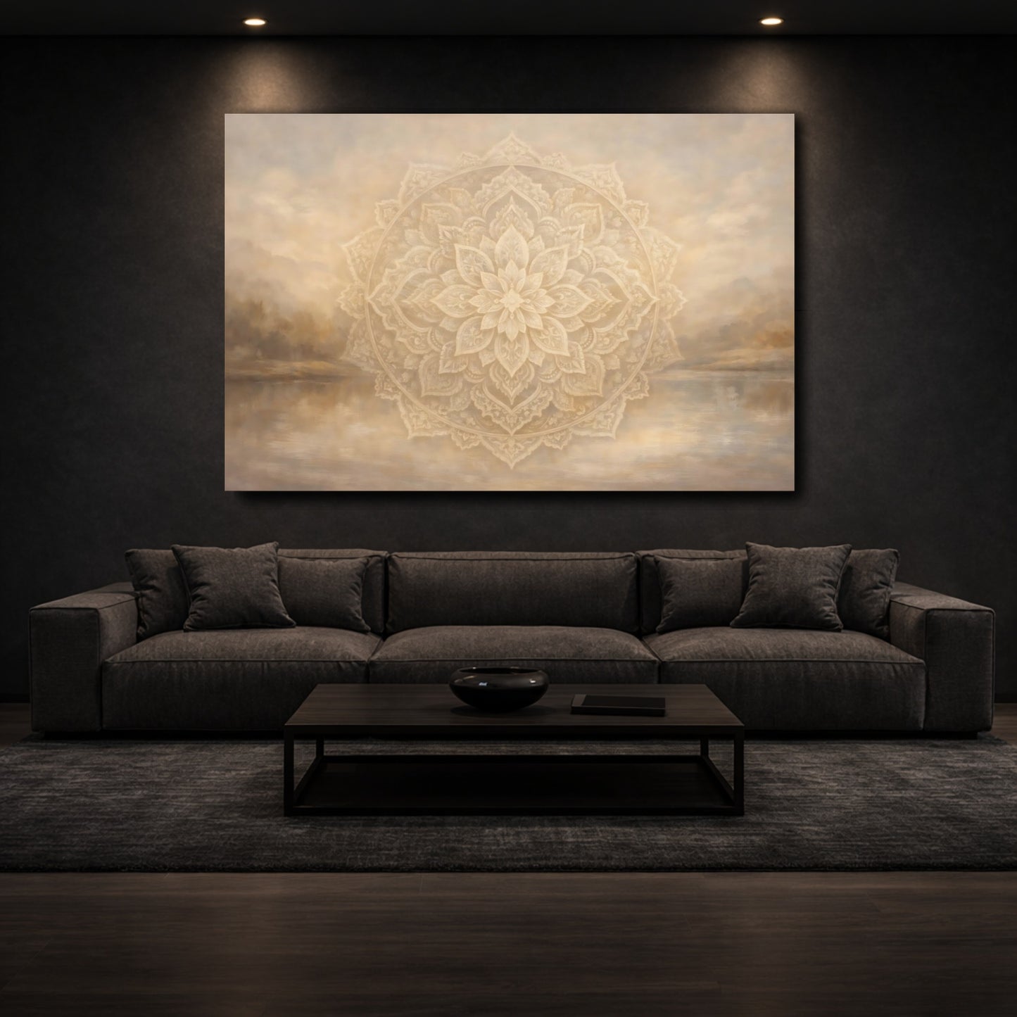 Mockup 2. Religious Mandala Beige Mandala shown as stretched canvas wall art