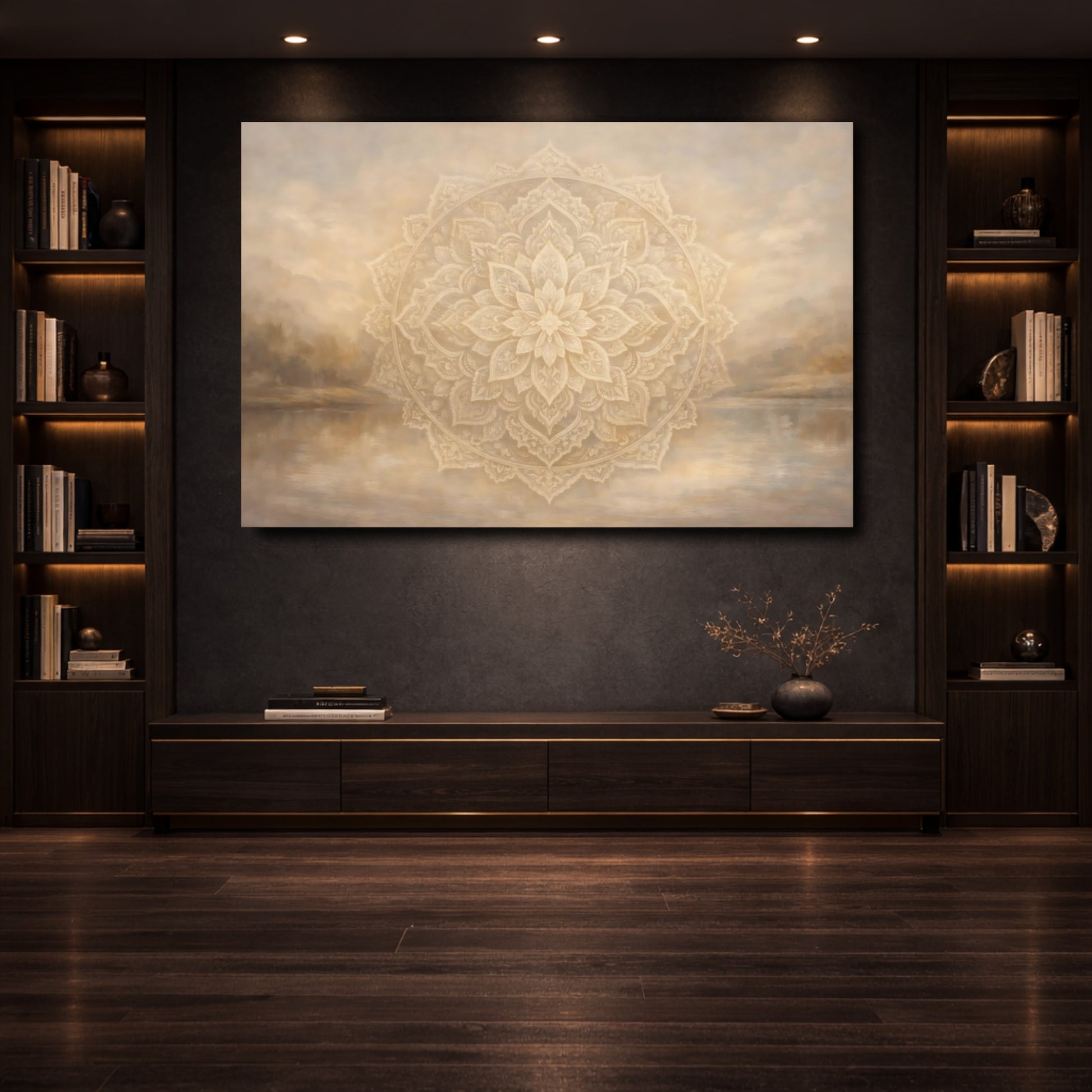 Mockup 3. Religious Mandala Beige Mandala shown as stretched canvas wall art