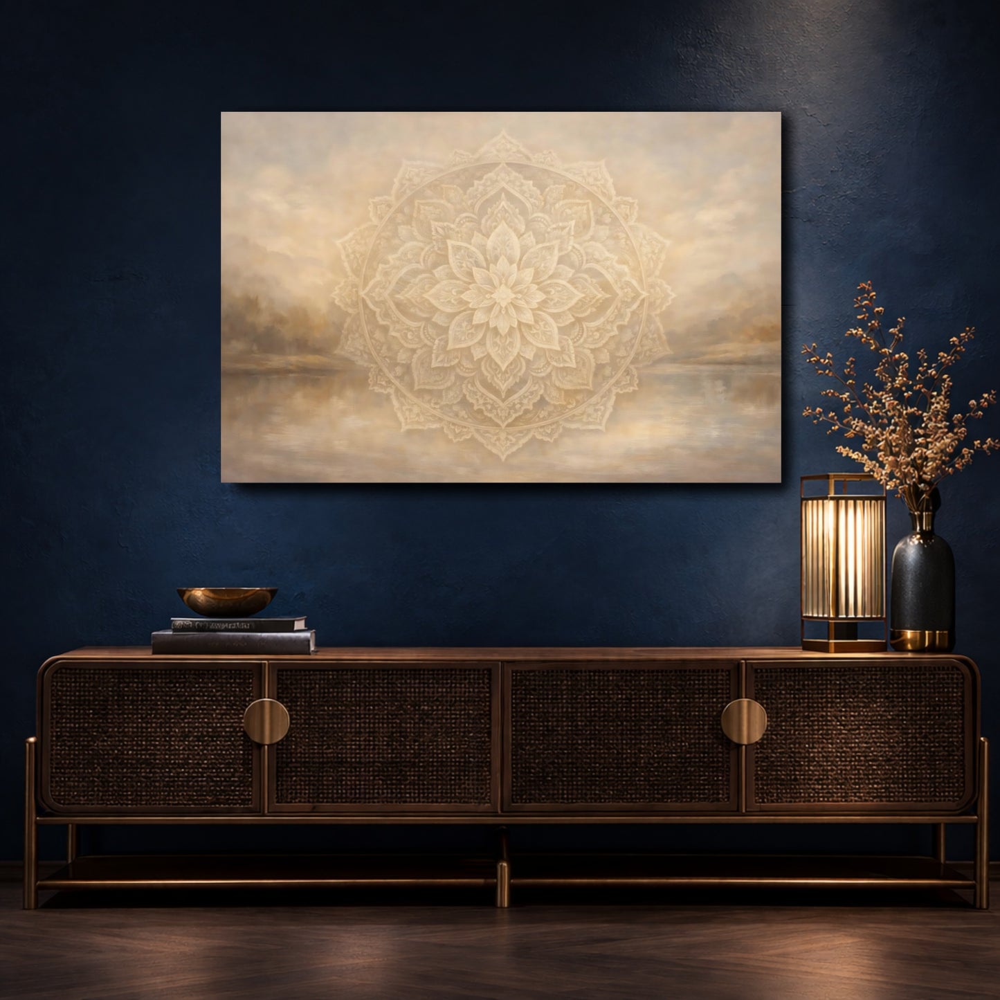 Mockup 4. Religious Mandala Beige Mandala shown as stretched canvas wall art