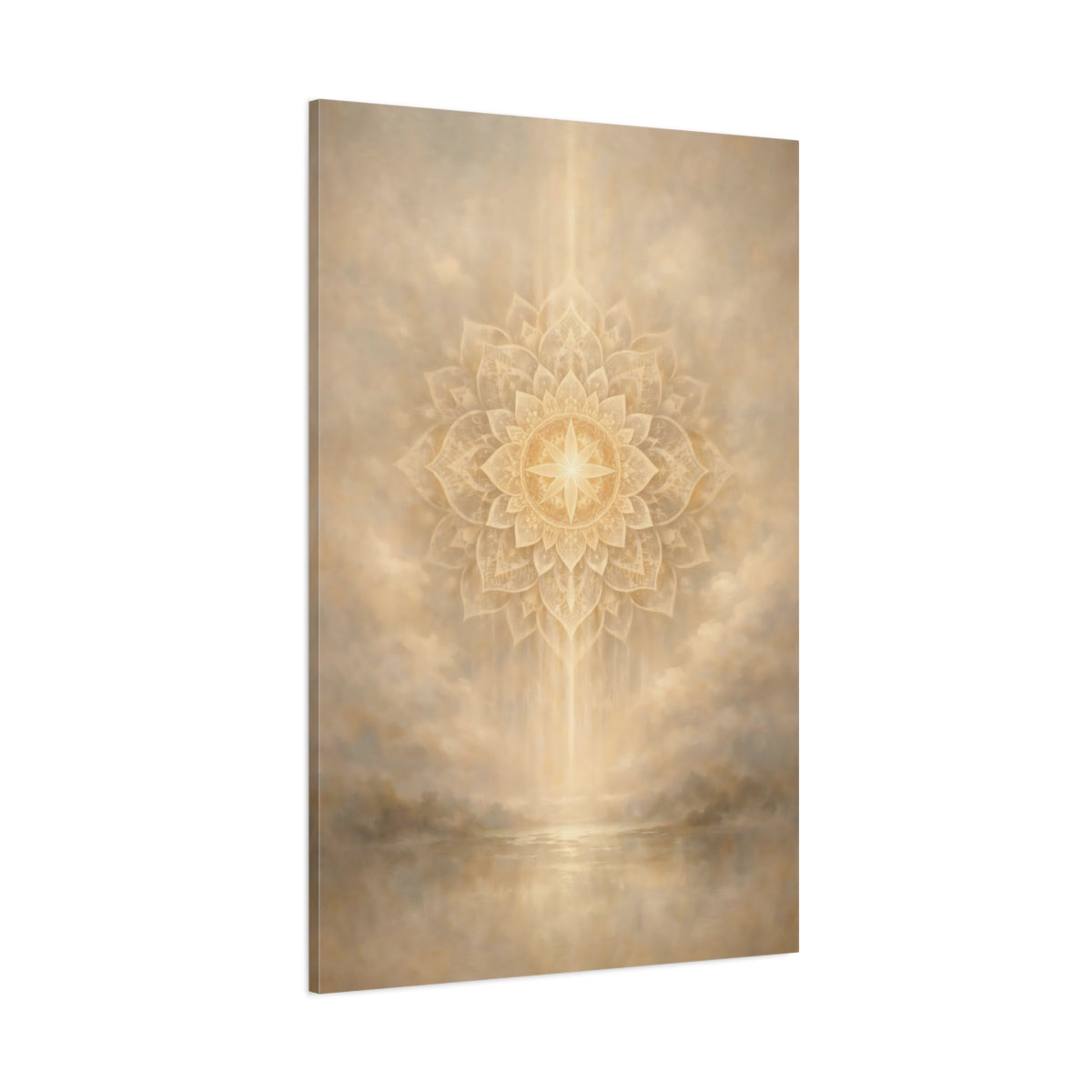 Main Mockup. Religious Mandala Gold And Beige shown as stretched canvas wall art