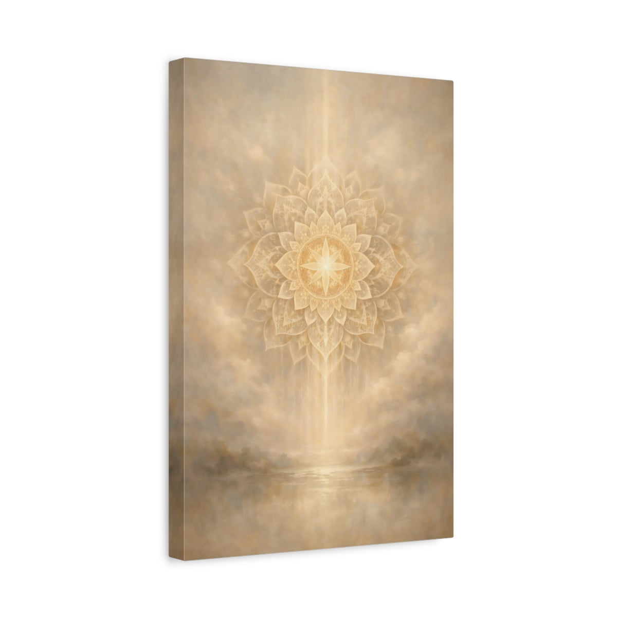 Side Mockup 4. Religious Mandala Gold And Beige shown as stretched canvas wall art