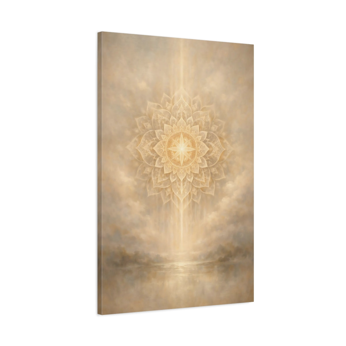 Side Mockup 1. Religious Mandala Gold And Beige shown as stretched canvas wall art