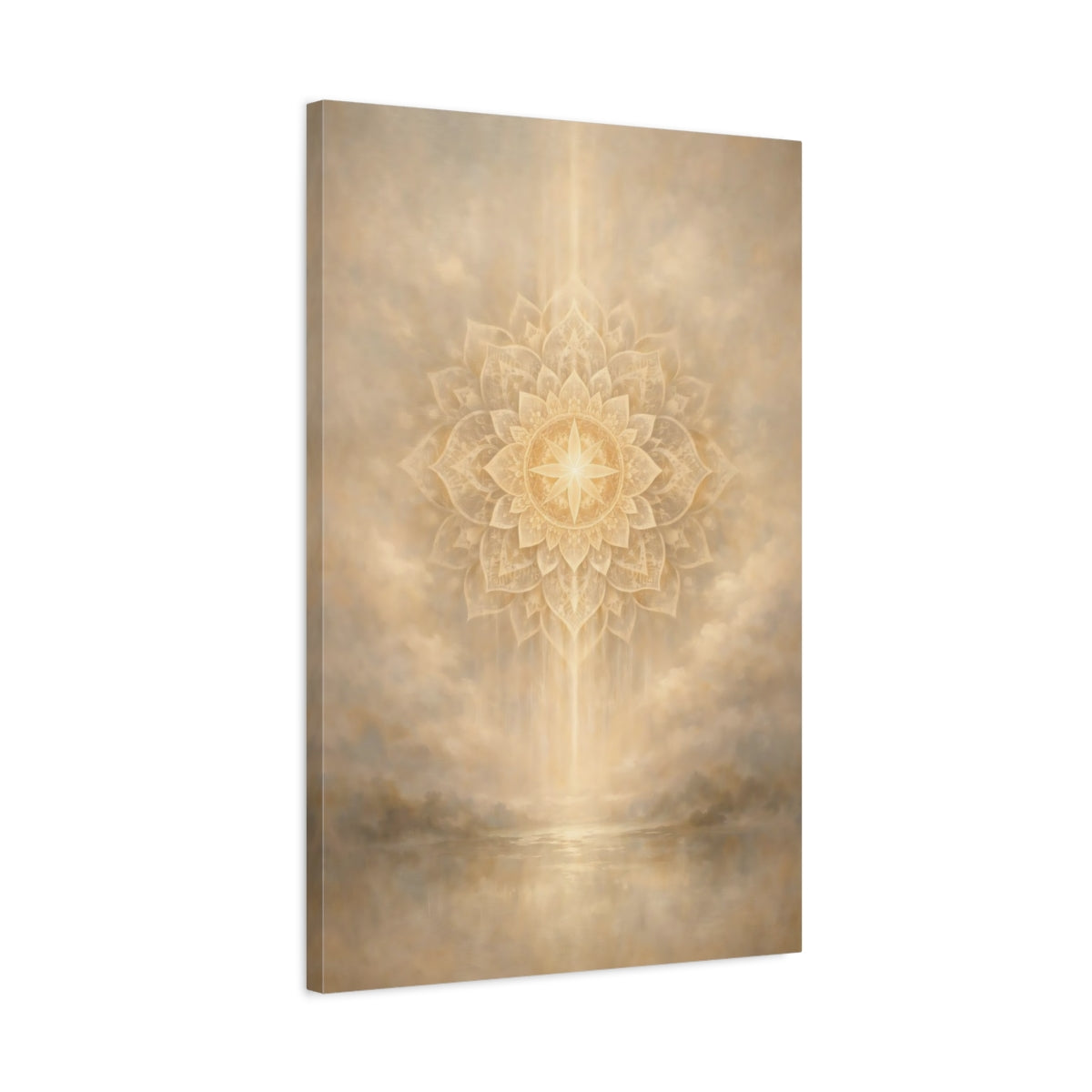 Side Mockup 2. Religious Mandala Gold And Beige shown as stretched canvas wall art