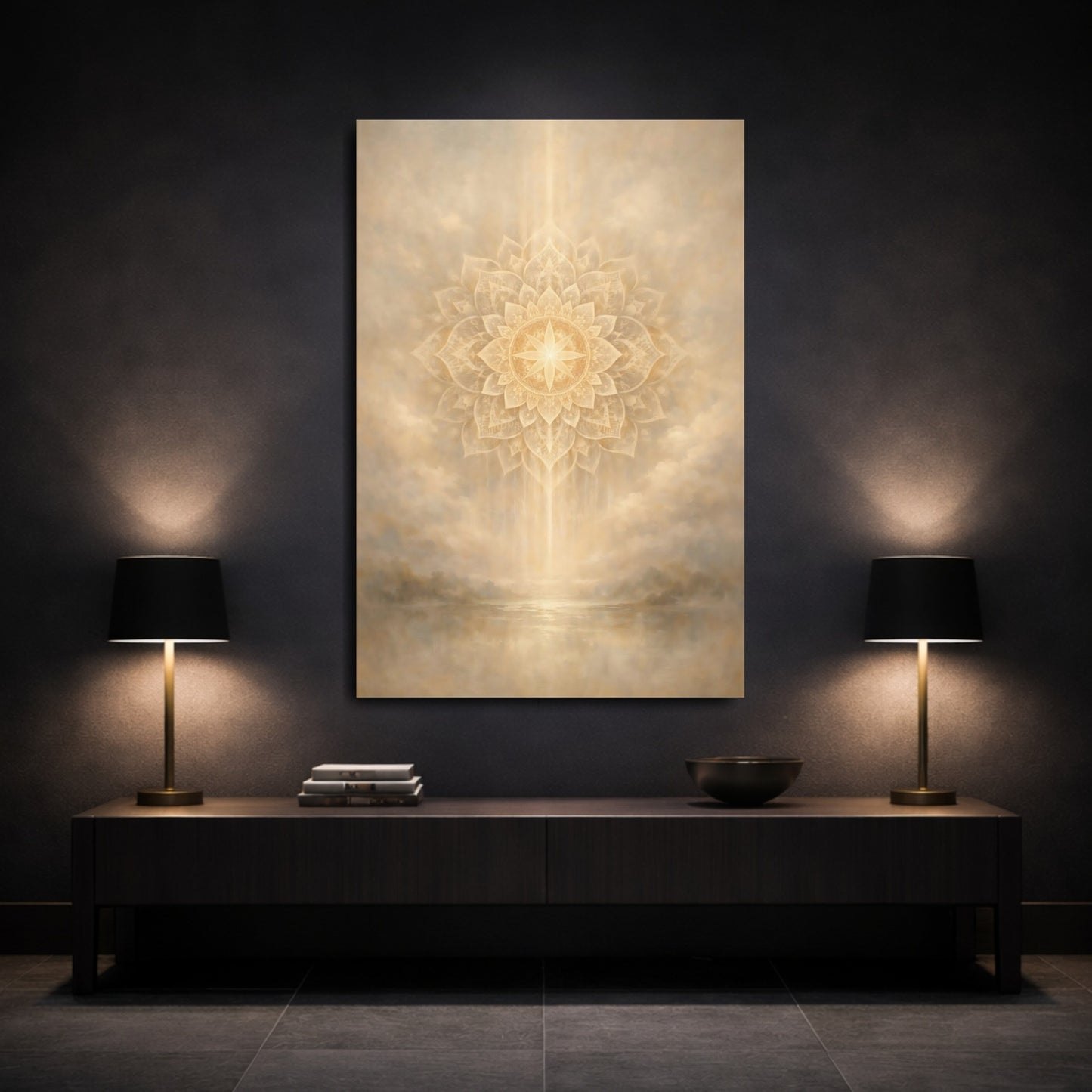 Mockup 2. Religious Mandala Gold And Beige shown as stretched canvas wall art