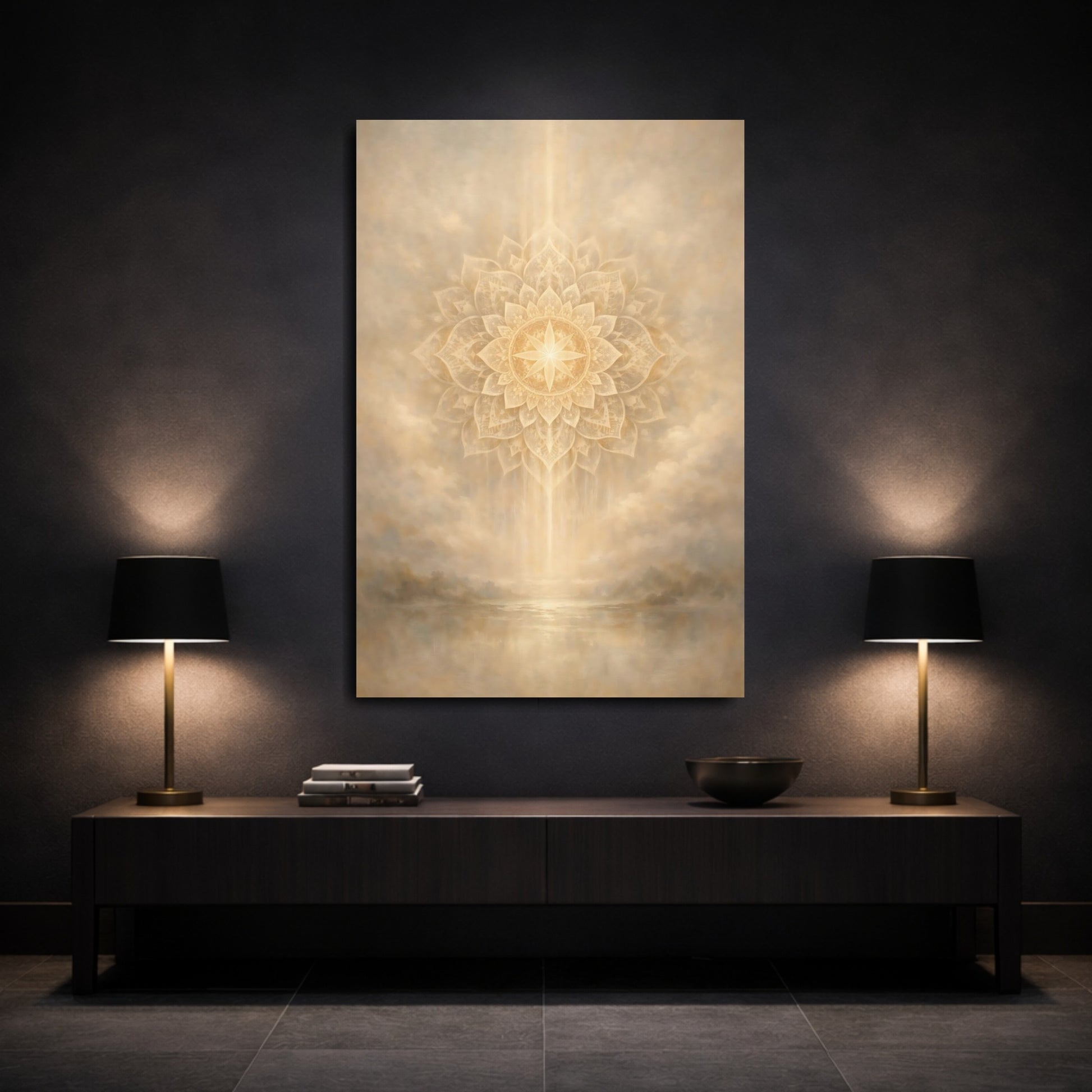 Mockup 2. Religious Mandala Gold And Beige shown as stretched canvas wall art