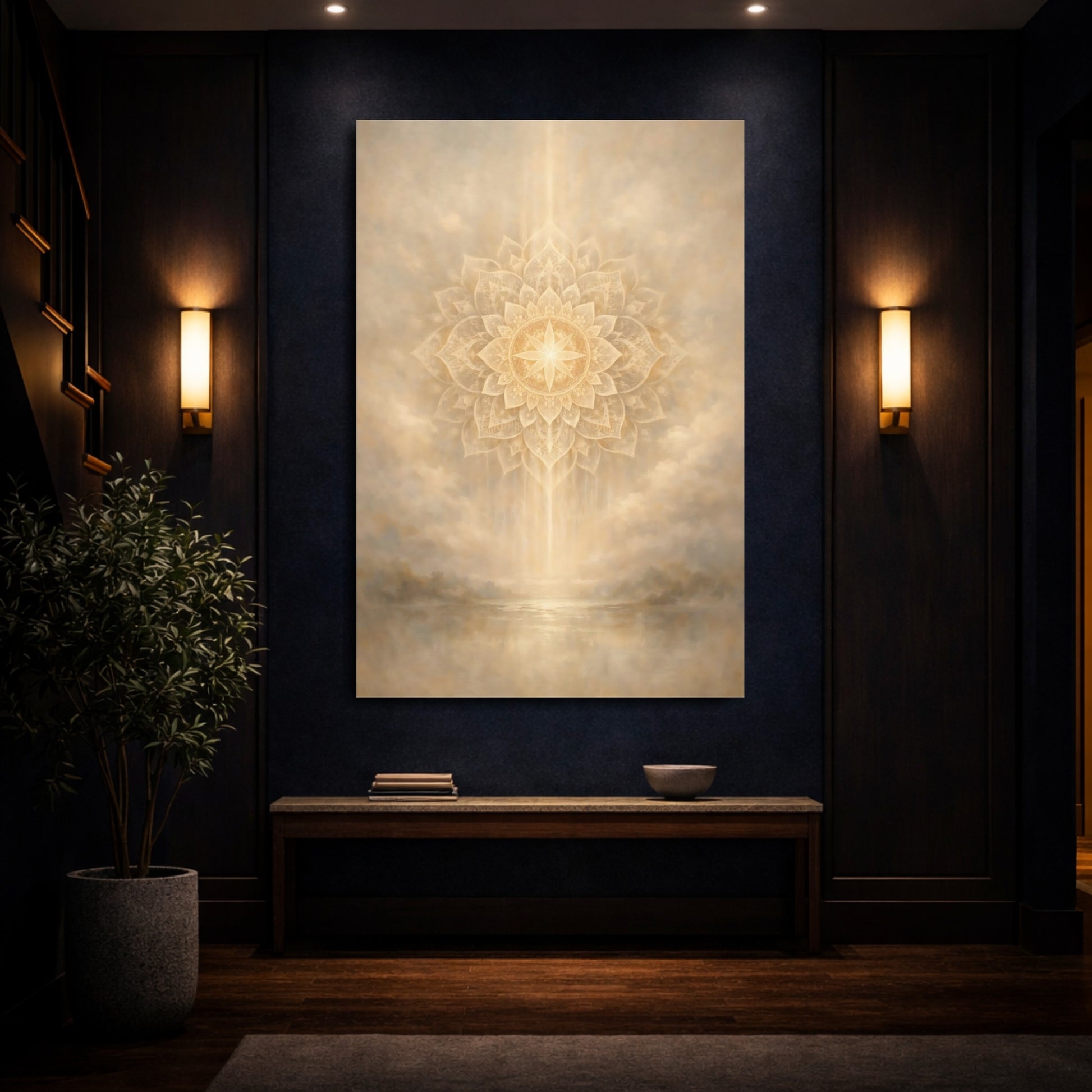Mockup 3. Religious Mandala Gold And Beige shown as stretched canvas wall art