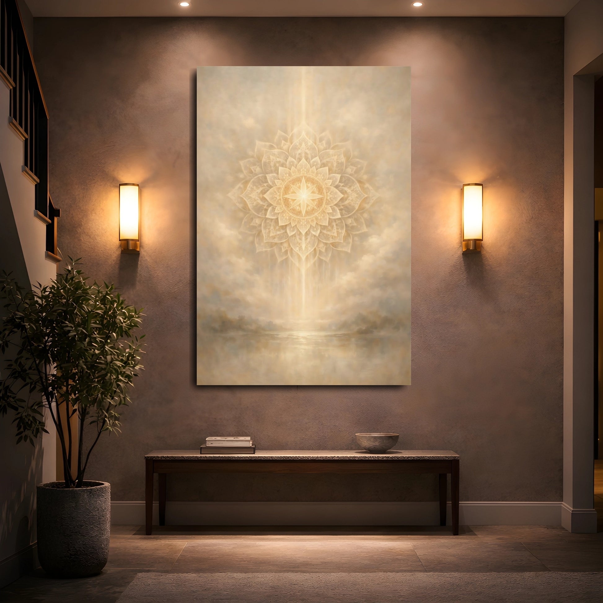 Mockup 4. Religious Mandala Gold And Beige shown as stretched canvas wall art
