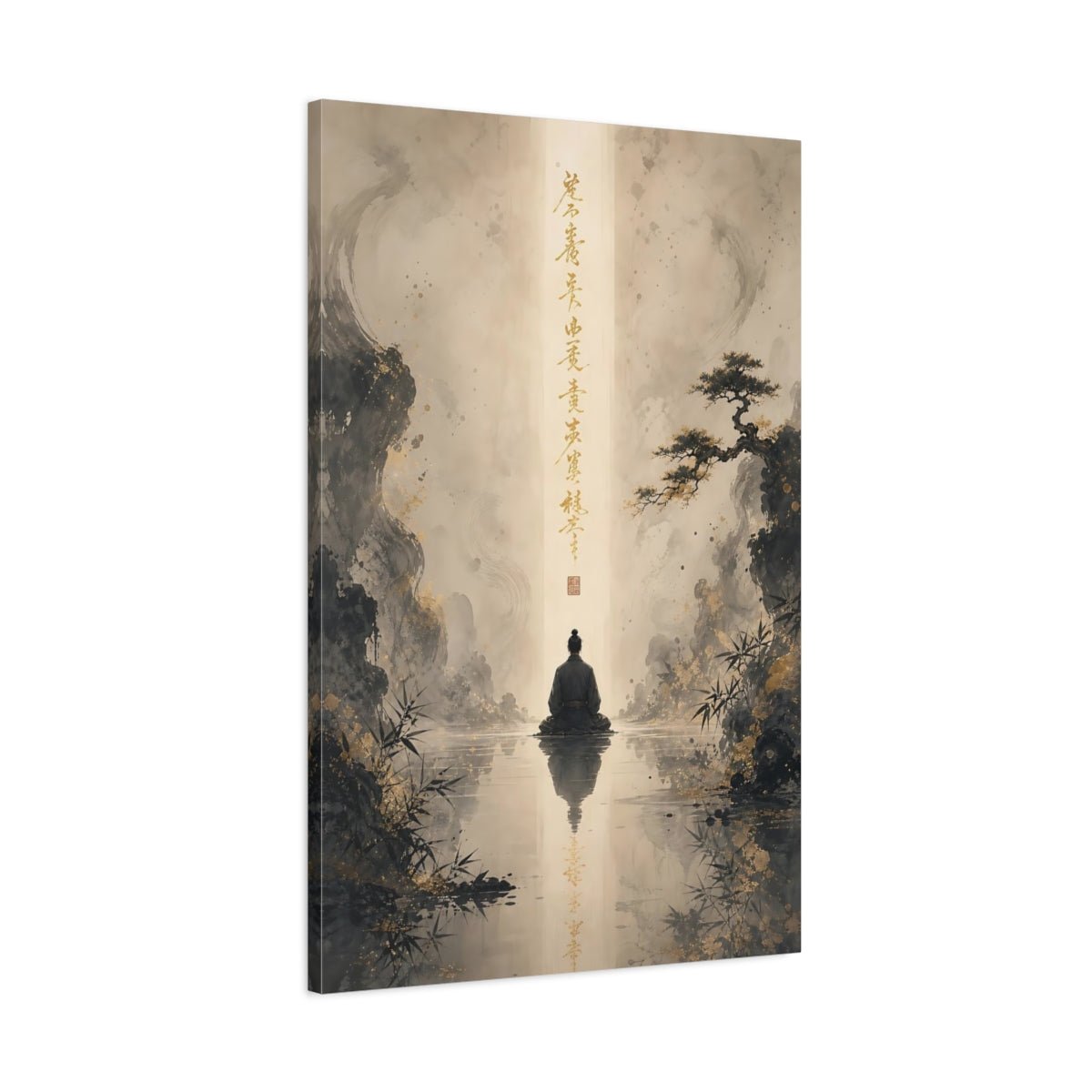 Religious Meditating Figure Black And Gold Canvas Wall Art Print – Traditional Asian Living Room, Above Sofa - YesArtYes