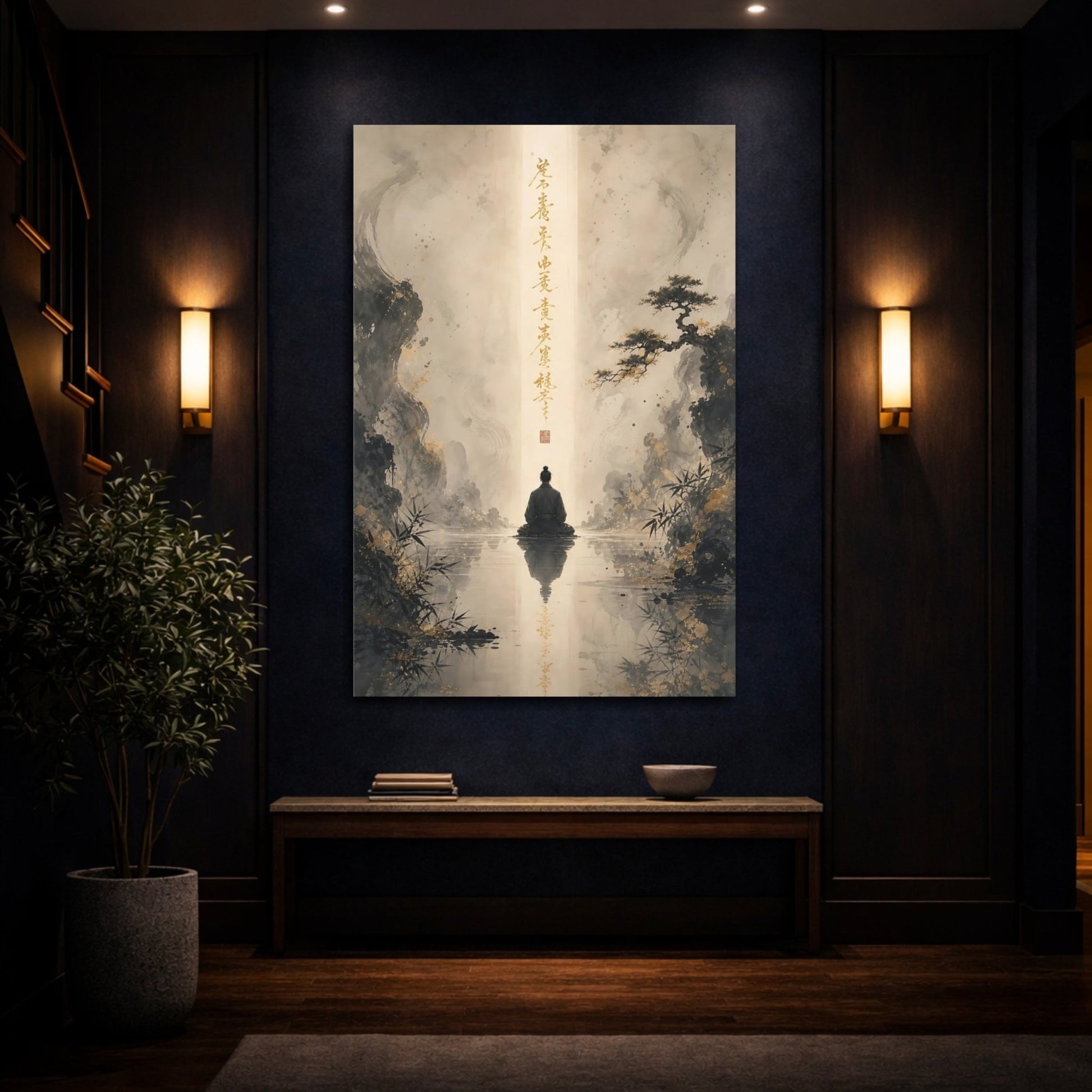 Religious Meditating Figure Black And Gold Canvas Wall Art Print – Traditional Asian Living Room, Above Sofa - YesArtYes