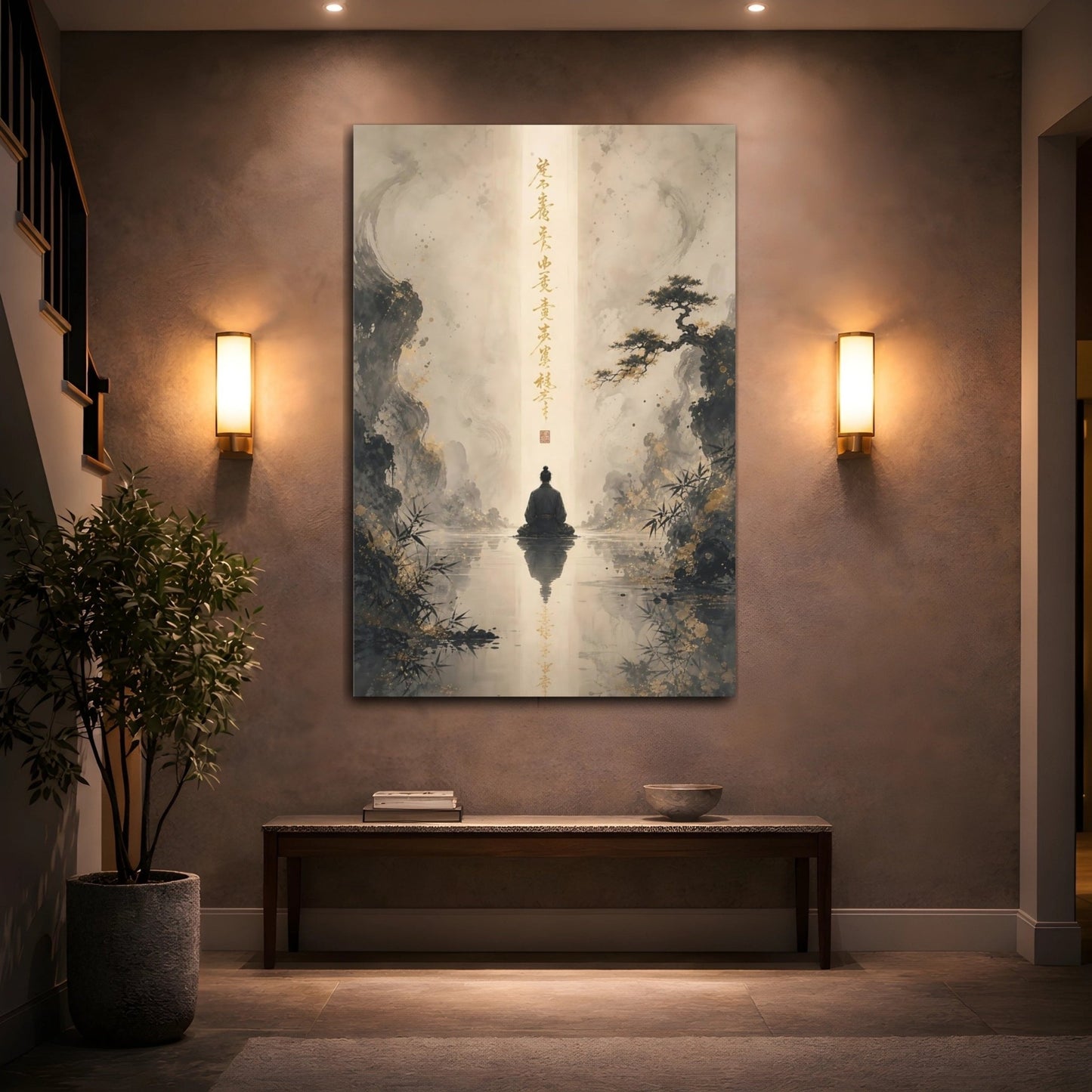 Religious Meditating Figure Black And Gold Canvas Wall Art Print – Traditional Asian Living Room, Above Sofa - YesArtYes