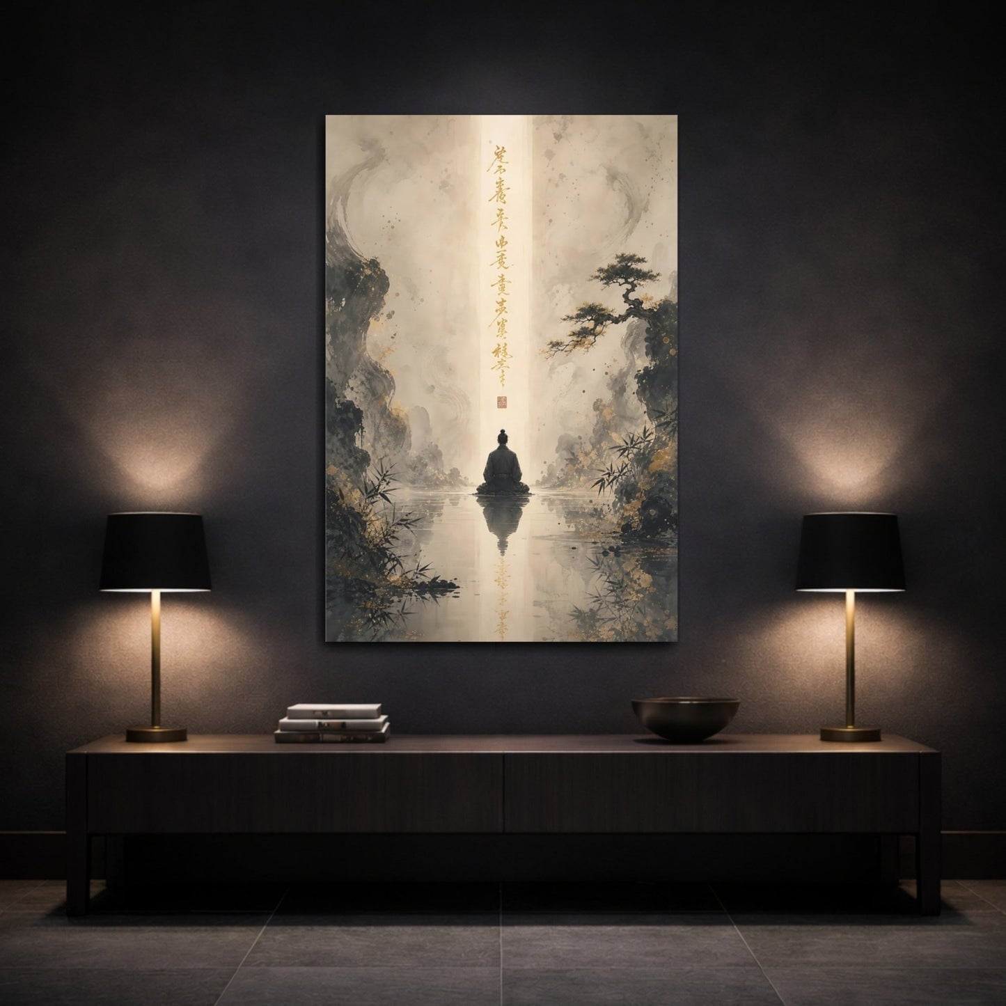 Religious Meditating Figure Black And Gold Canvas Wall Art Print – Traditional Asian Living Room, Above Sofa - YesArtYes