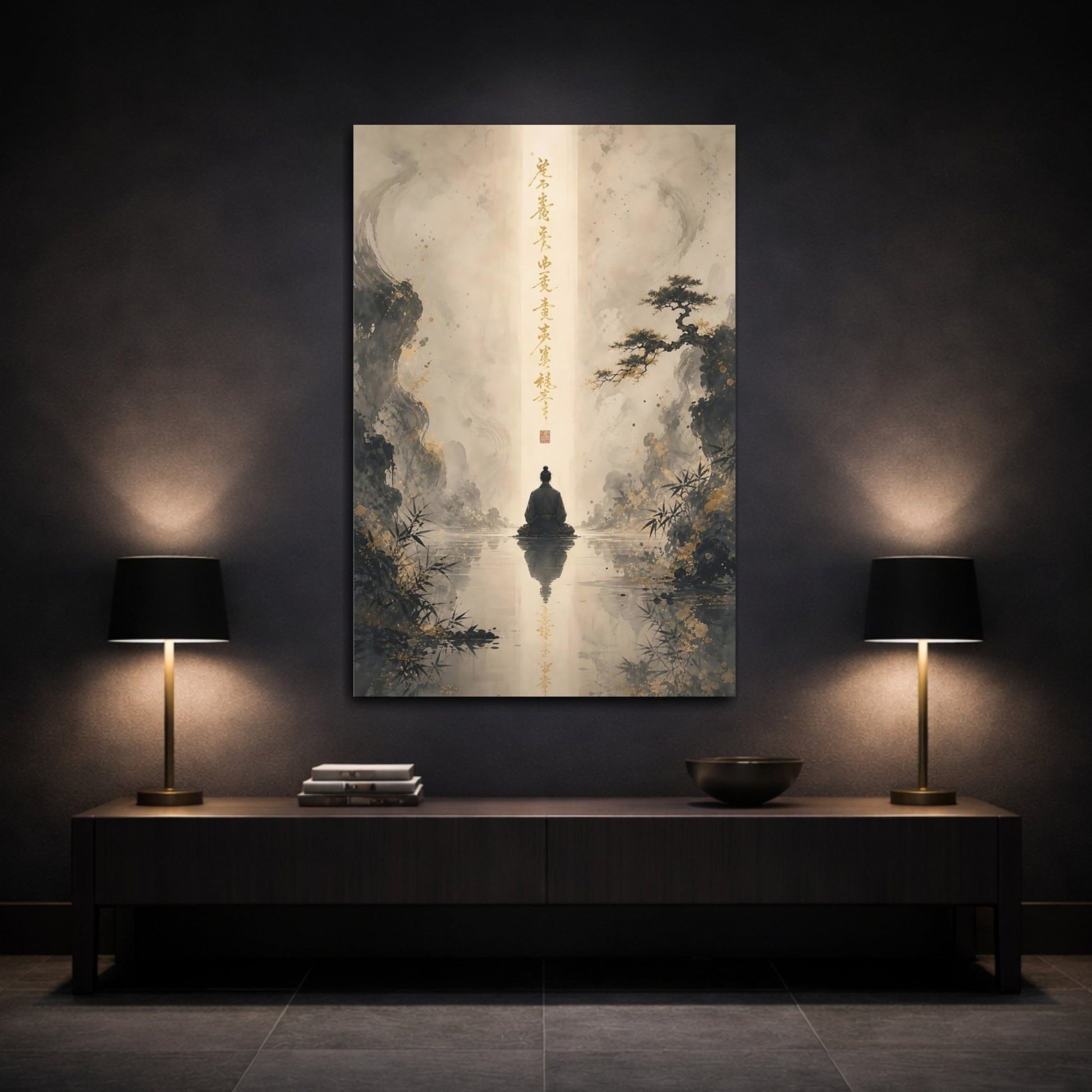 Religious Meditating Figure Black And Gold Canvas Wall Art Print – Traditional Asian Living Room, Above Sofa - YesArtYes