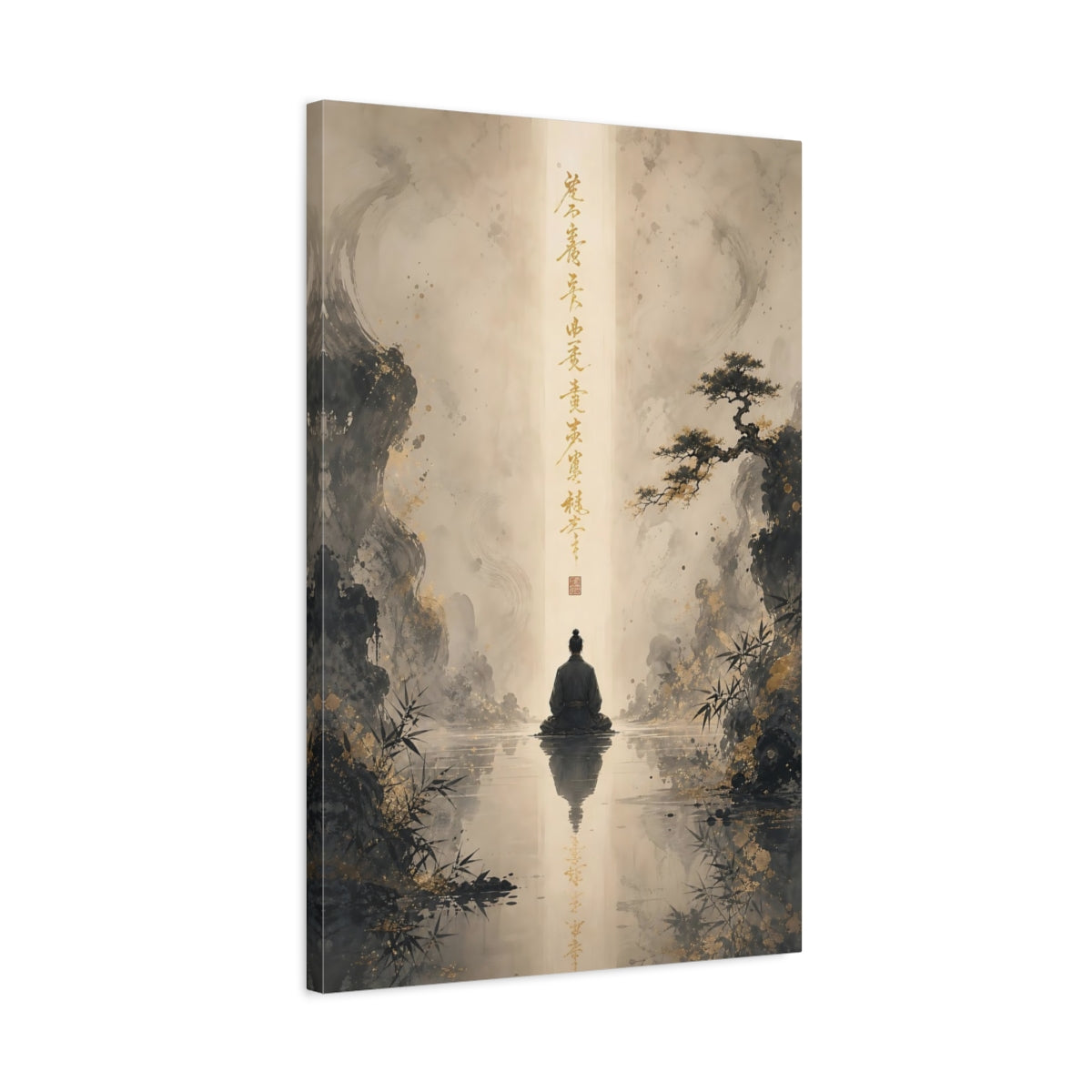Side Mockup 2. Religious Meditating Figure Black And Gold Zen shown as stretched canvas wall art