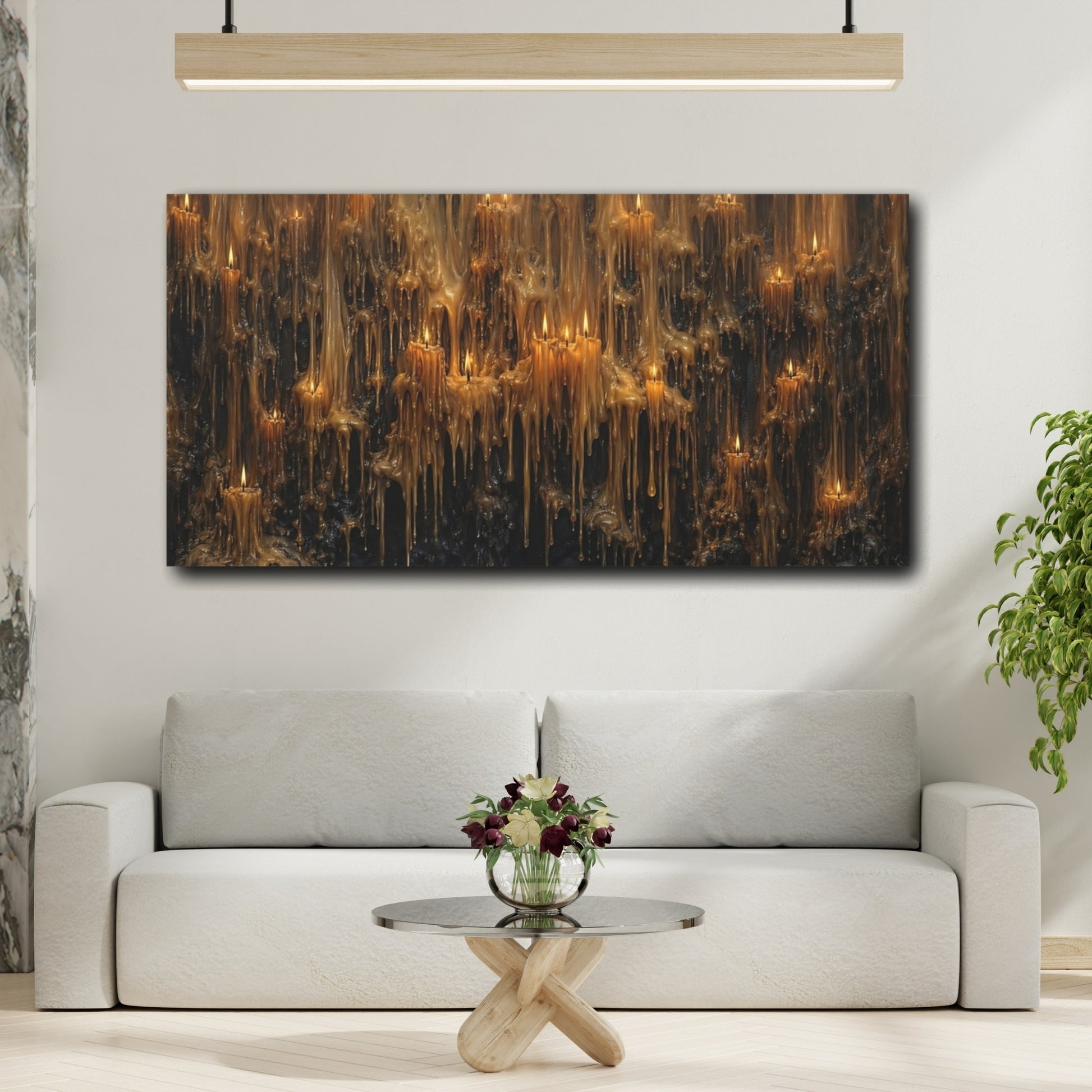 Mockup 3. Religious Melting Candles Golden Wax Drips shown as stretched canvas wall art