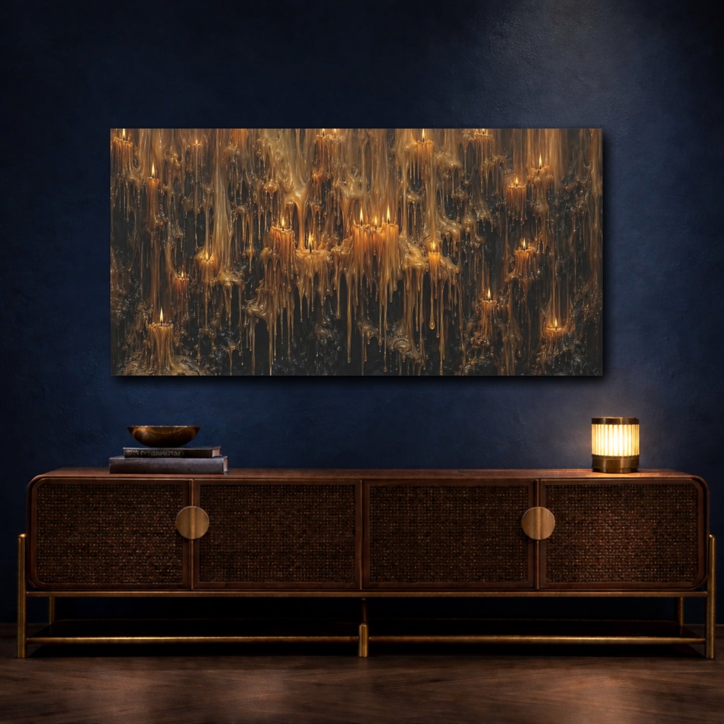 Mockup 4. Religious Melting Candles Golden Wax Drips shown as stretched canvas wall art