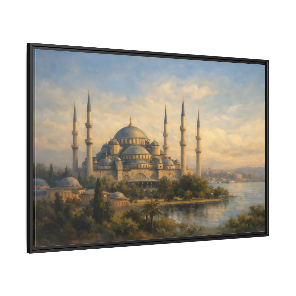 Side Mockup 12. Religious Mosque Blue Gold Mosque shown as stretched canvas wall art