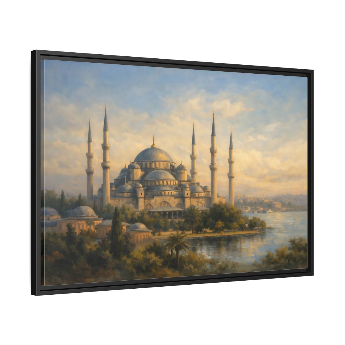 Side Mockup 13. Religious Mosque Blue Gold Mosque shown as stretched canvas wall art