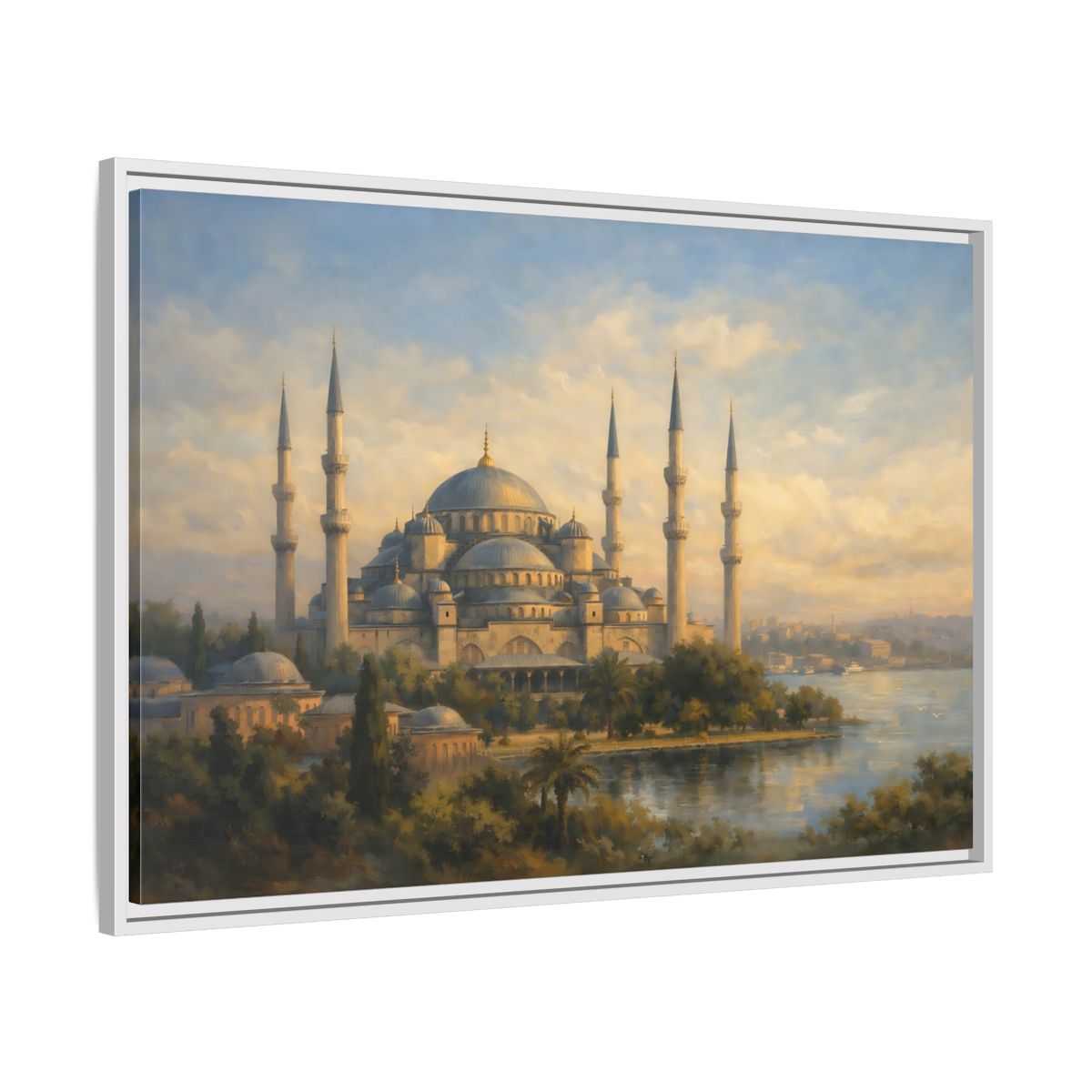 Side Mockup 8. Religious Mosque Blue Gold Mosque shown as stretched canvas wall art