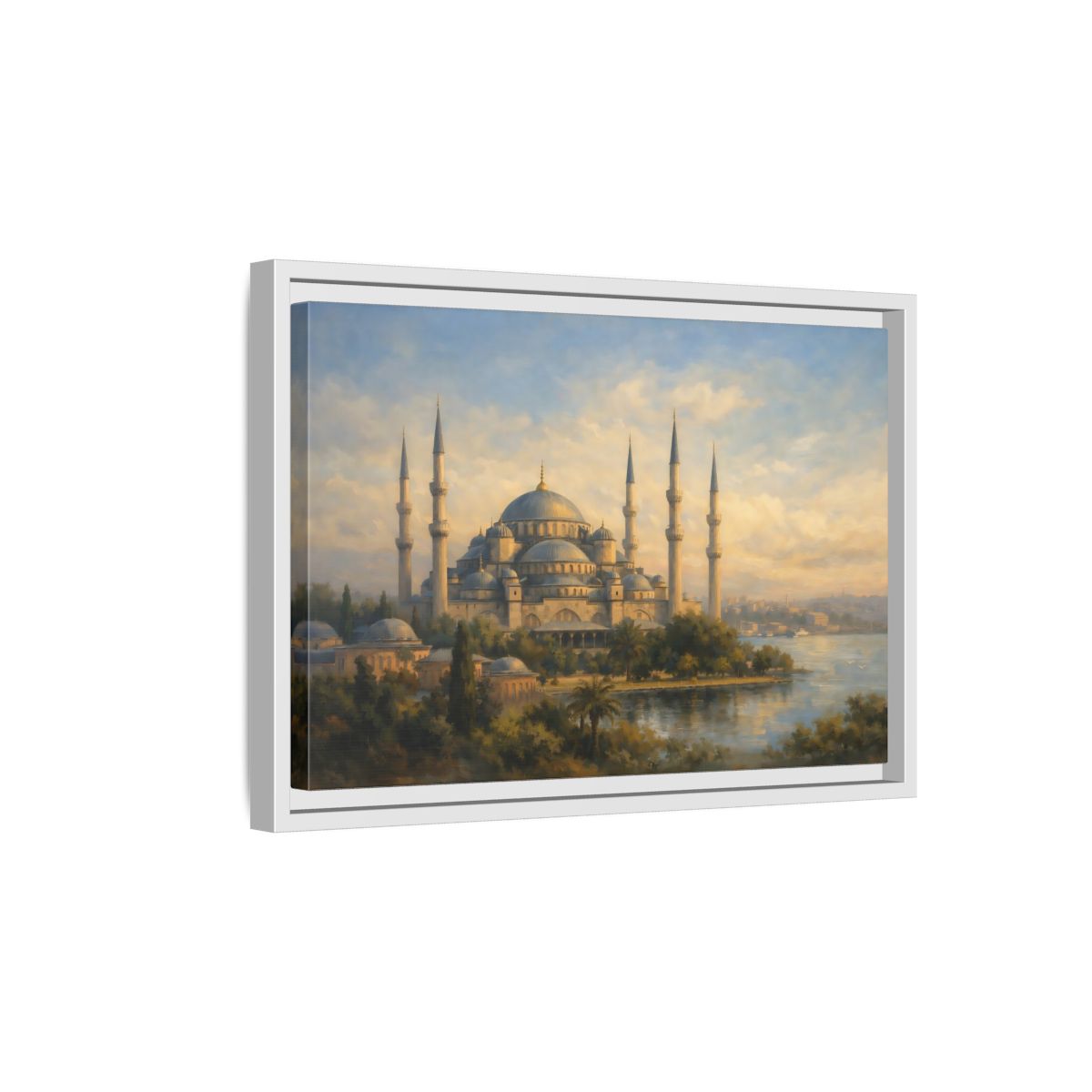 Side Mockup 4. Religious Mosque Blue Gold Mosque shown as stretched canvas wall art