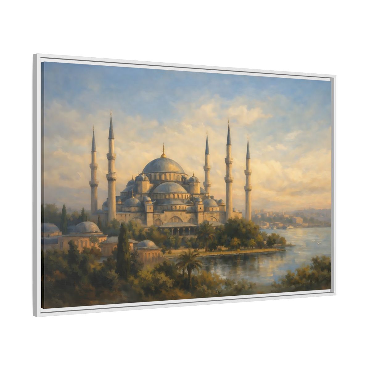 Side Mockup 7. Religious Mosque Blue Gold Mosque shown as stretched canvas wall art
